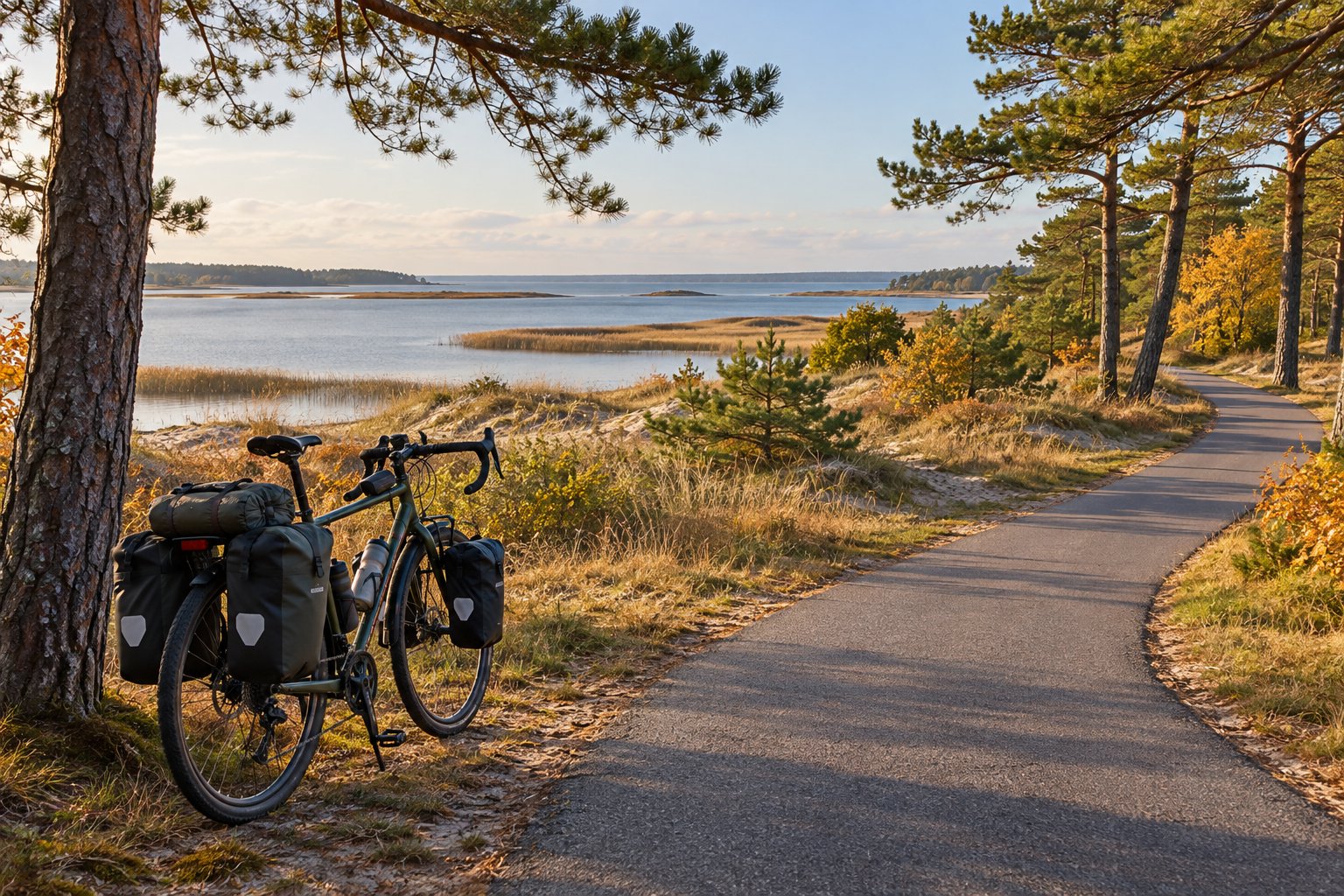 Touring bicycle beside a coastal cycle path lined with pine trees