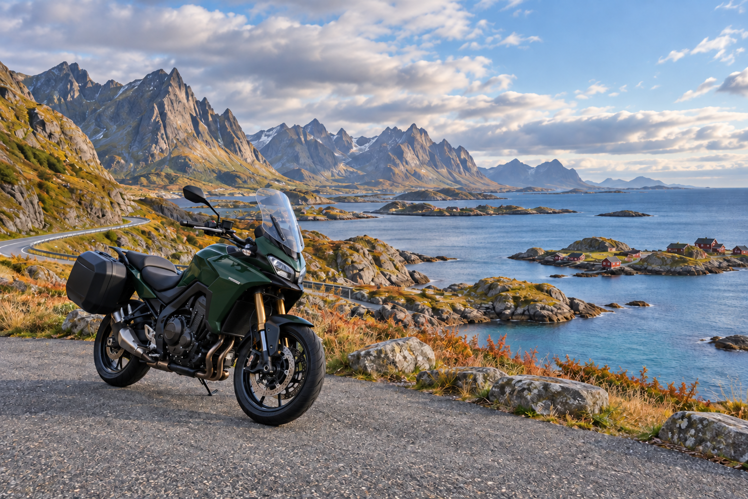 Illustrative view of a touring motorcycle at a Nordic coastal stop.