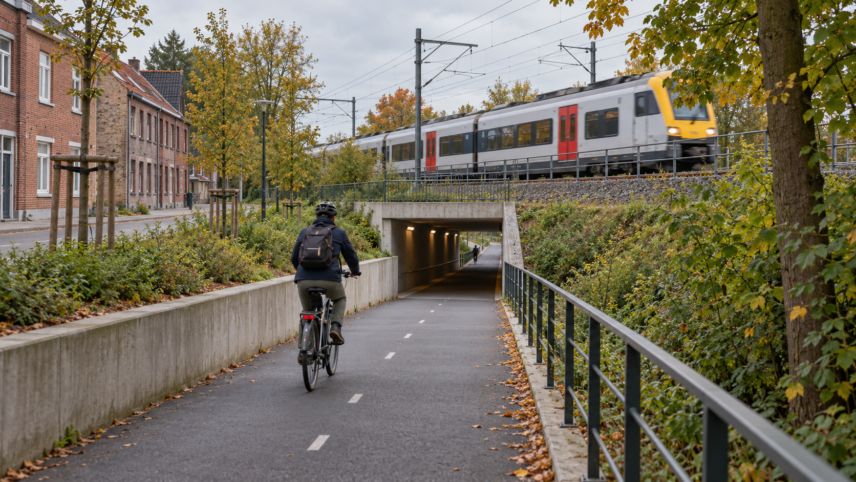 A cyclist follows a separated path towards an underpass beneath the railway