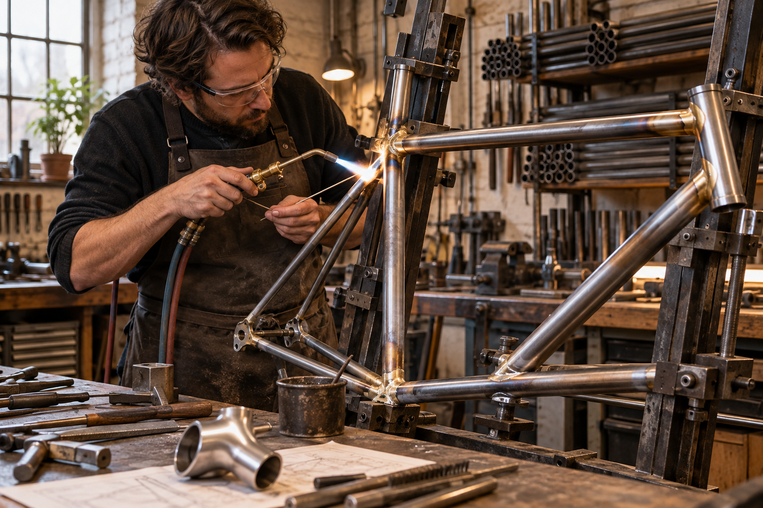A craftsperson building a steel bicycle frame in a workshop