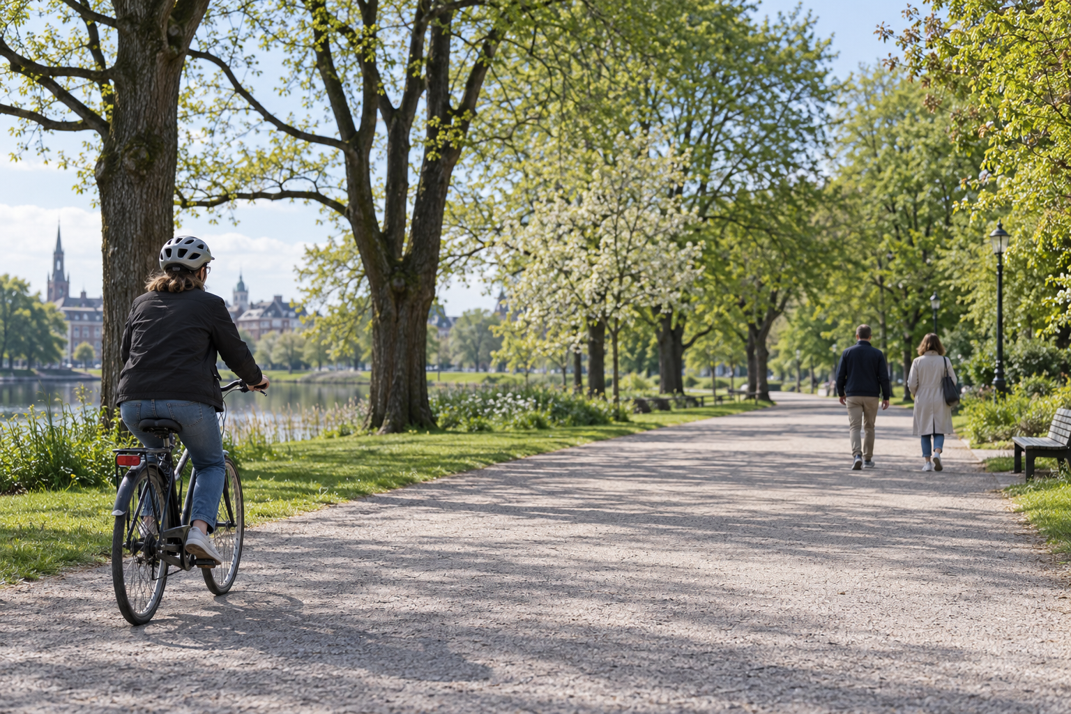 Velosipēdists un gājēji ar lielu atstarpi pārvietojas pa plašu parka celiņu