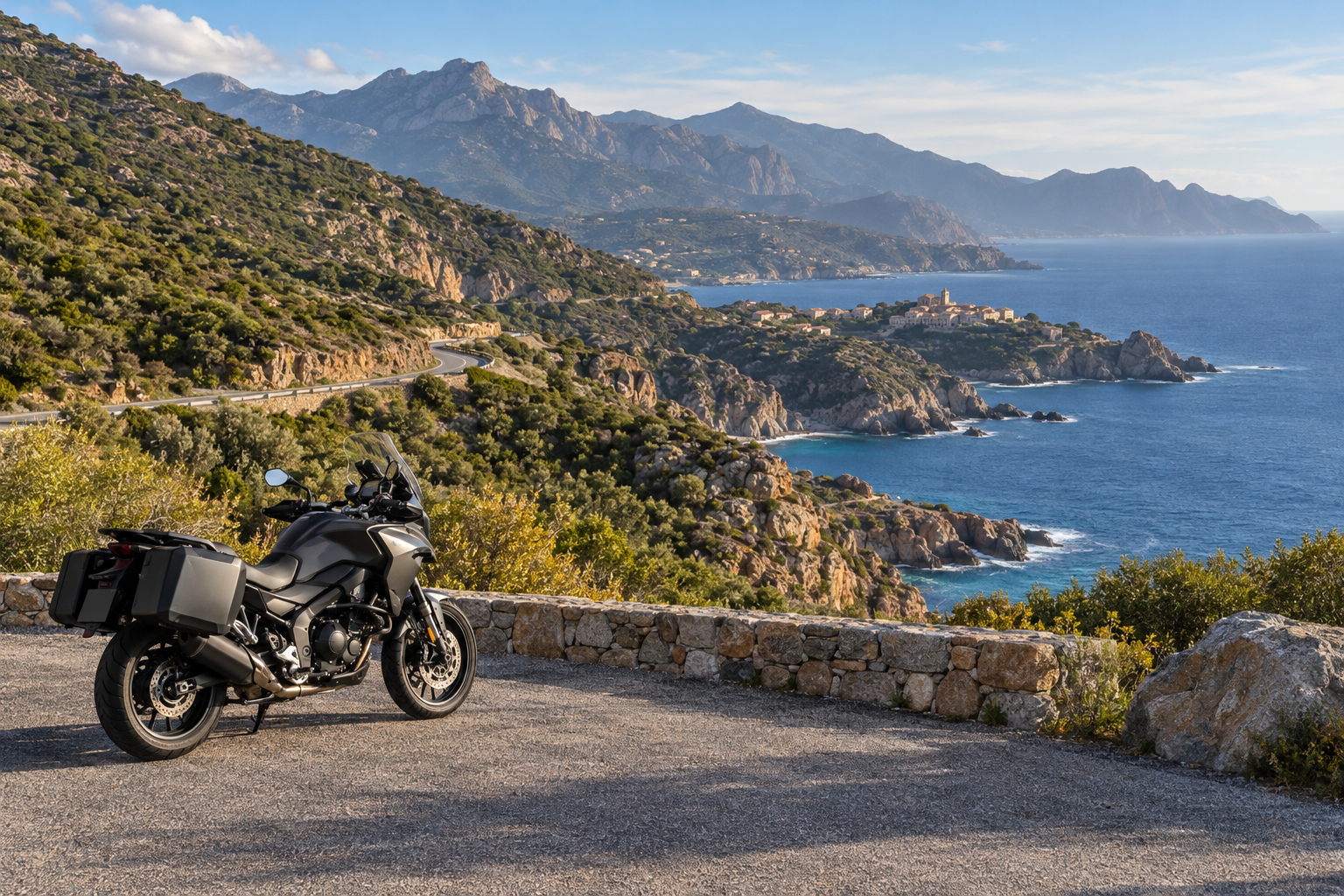Illustrative motorcycle touring scene on a Mediterranean coast with a winding road and rocky shores.