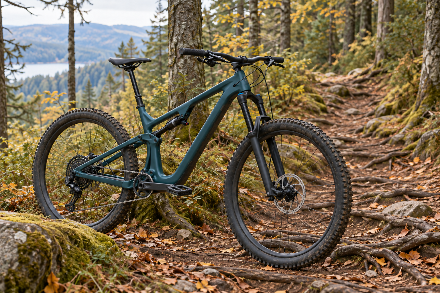 Illustrative mountain bike on a forest trail