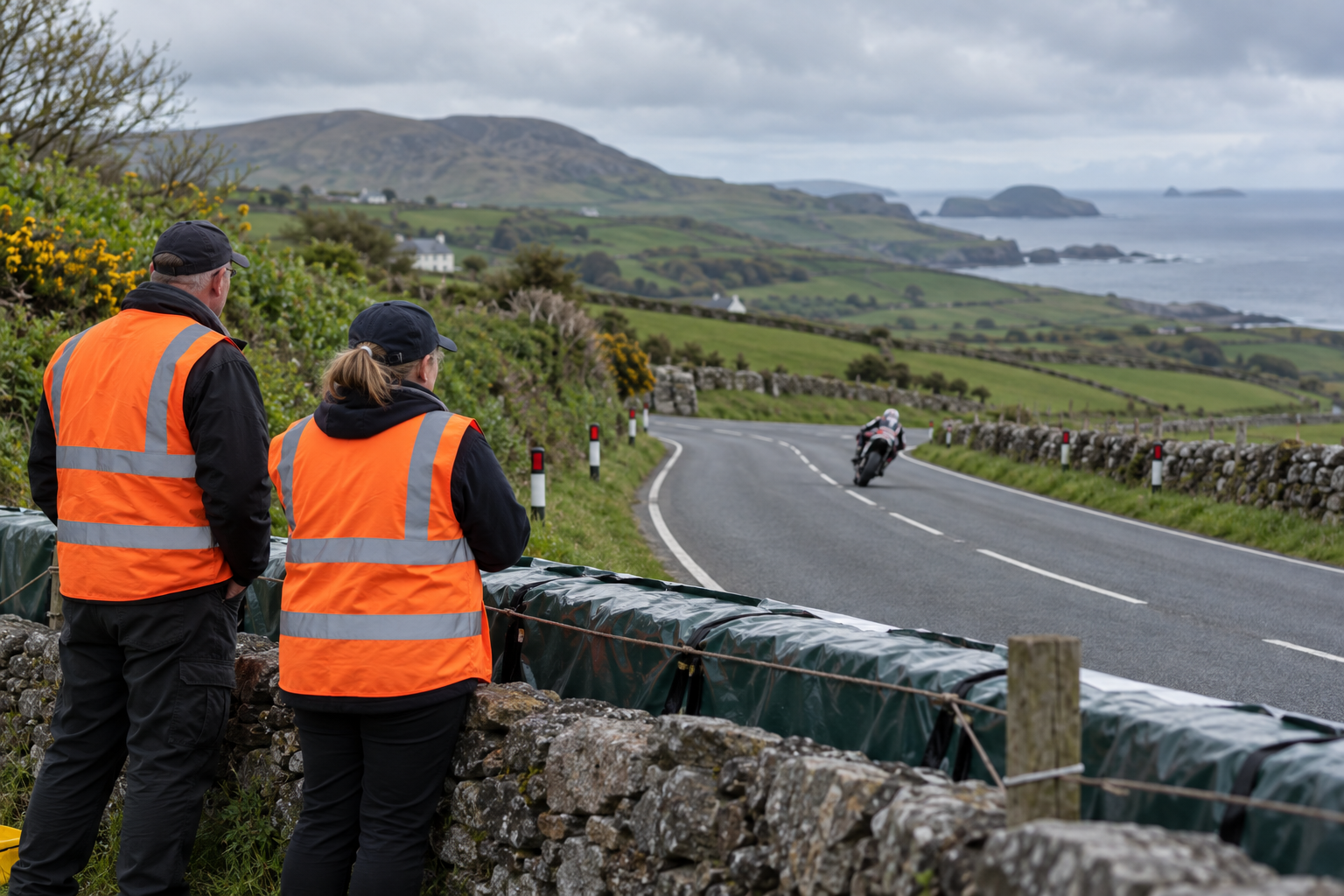 Two volunteer marshals watch a motorcycle on a rural road