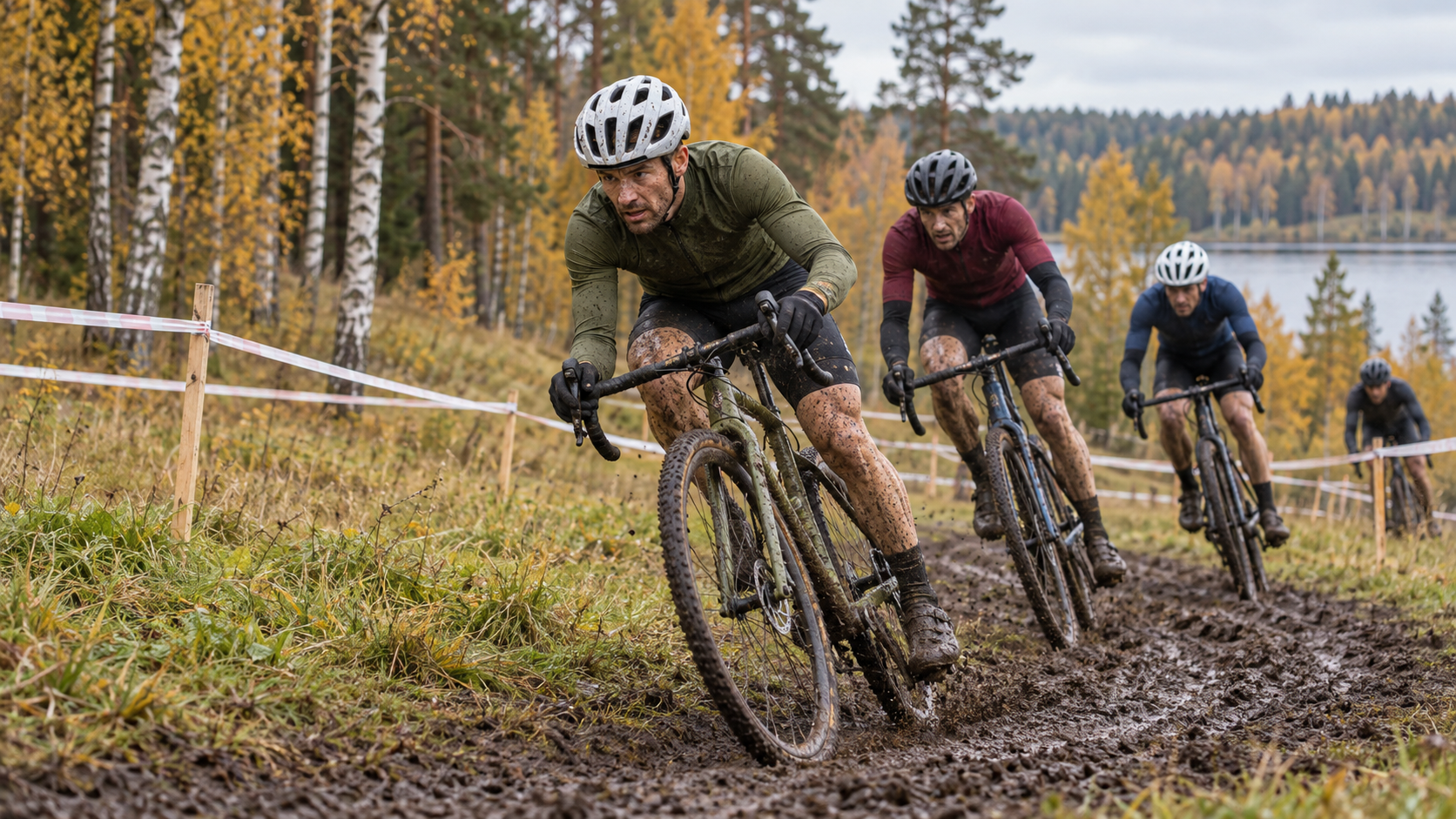 Velokrosa braucēji rudenīgā trasē
