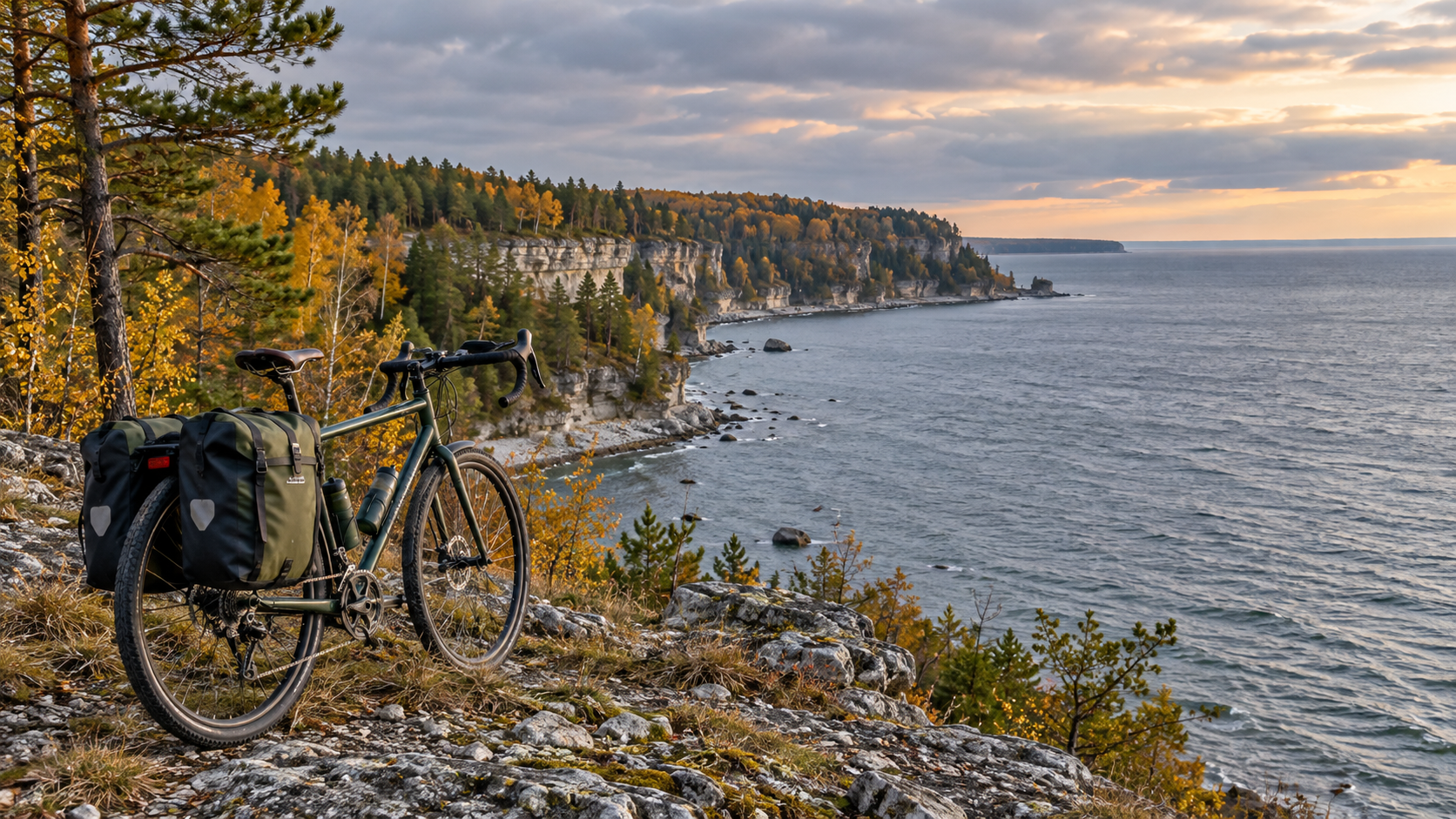 A touring bicycle at a viewpoint above a rocky Baltic coastline