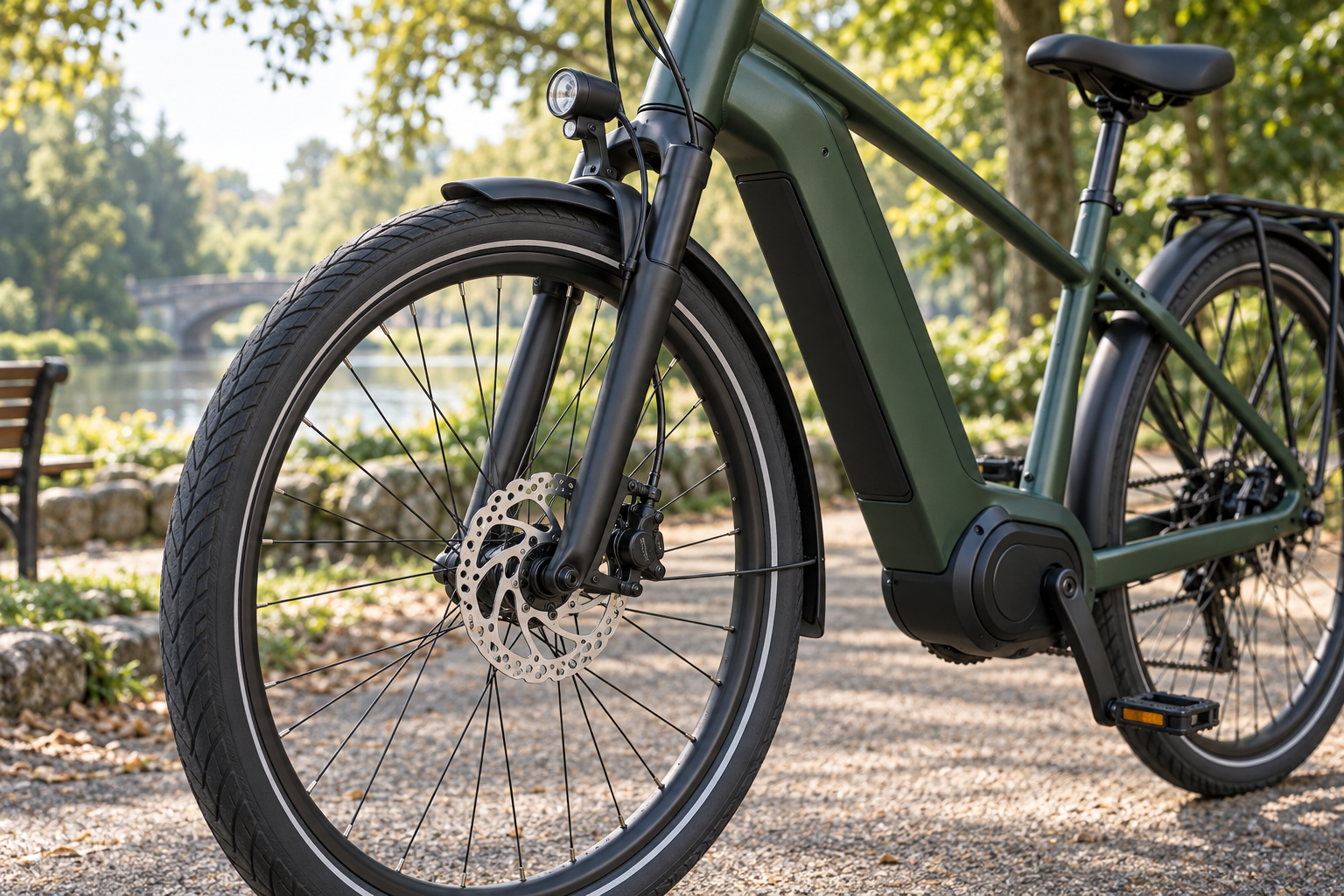 Illustrative electric bicycle with disc brakes in a park.