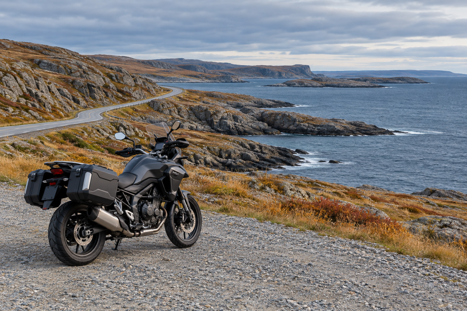 Editorial illustration: a touring motorcycle parked off a rocky northern coastal road.