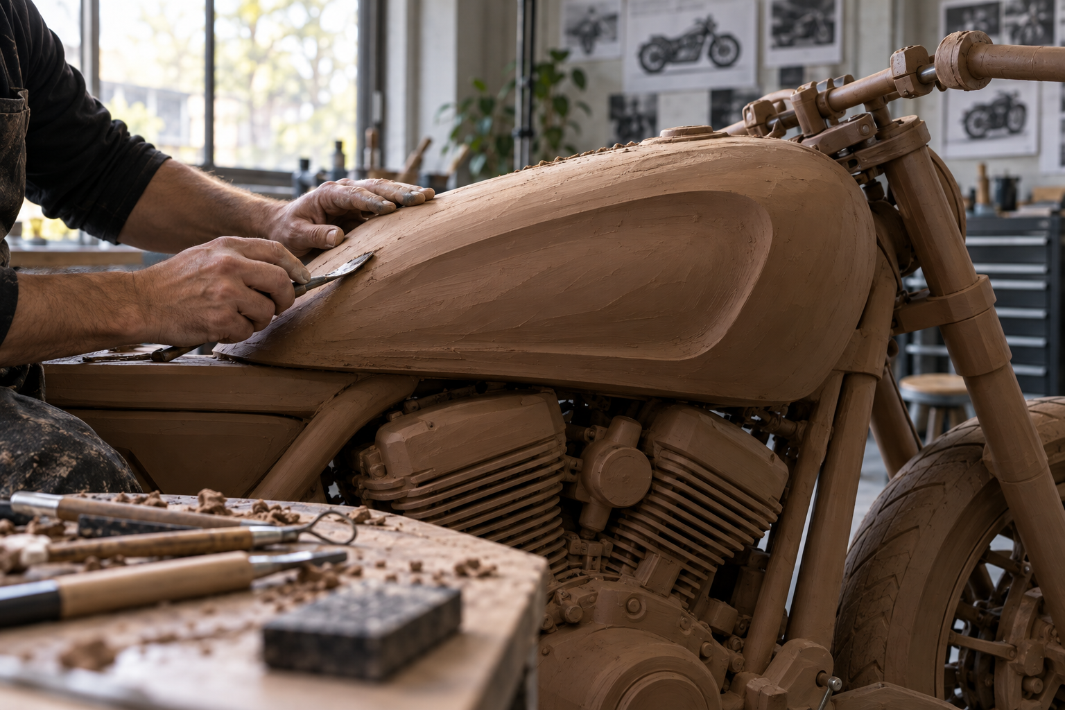 Hands shape a motorcycle fuel tank in clay.