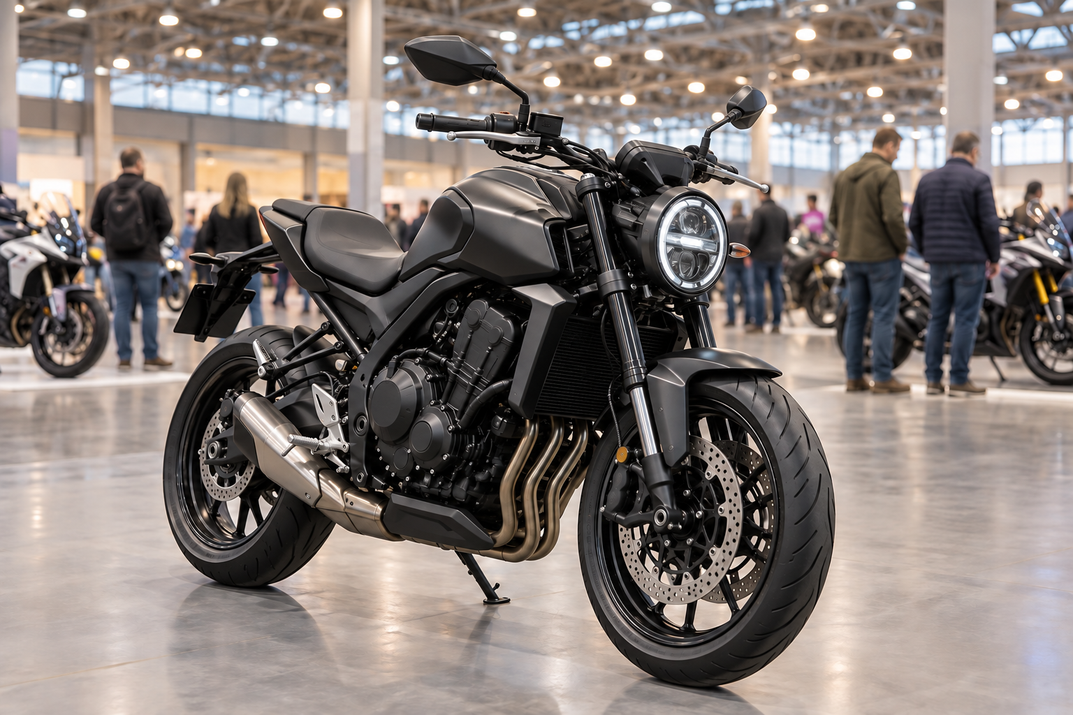 Editorial illustration: a motorcycle in an exhibition hall.