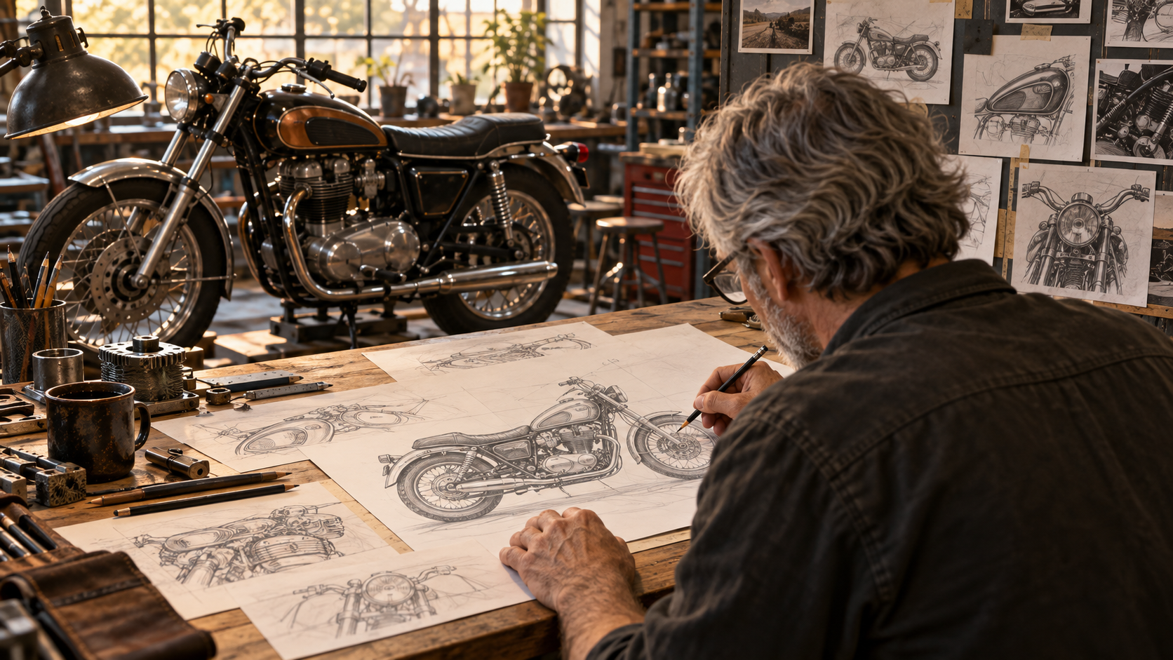 Motorcycle designer sketching a classic bike in a workshop