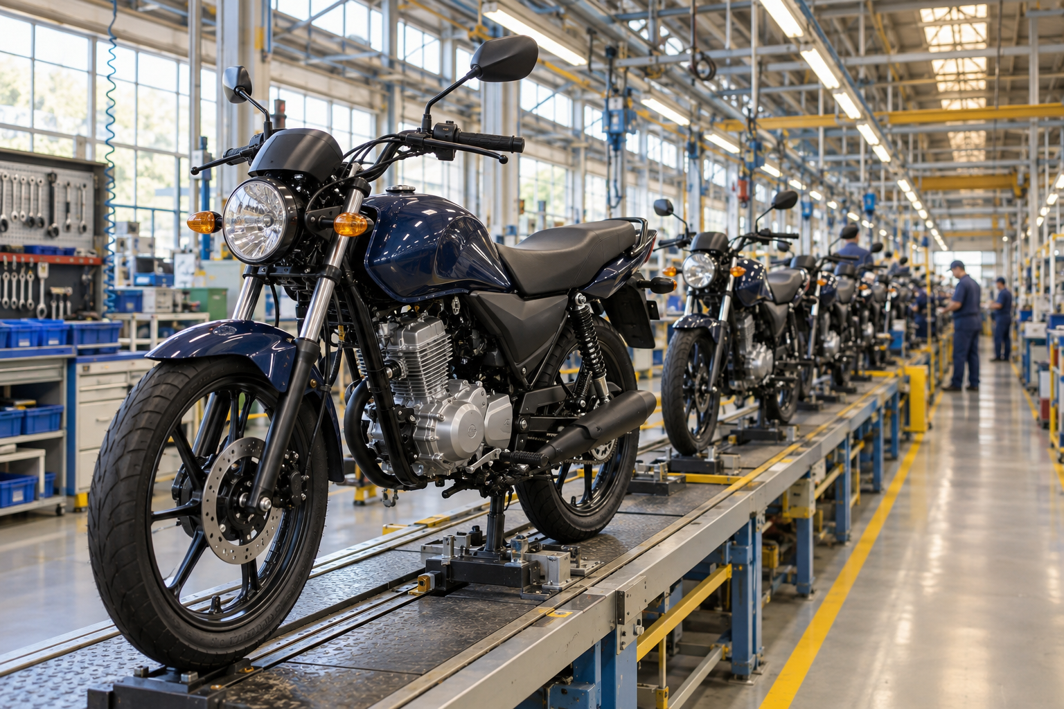 Illustrative view of a small-motorcycle assembly line