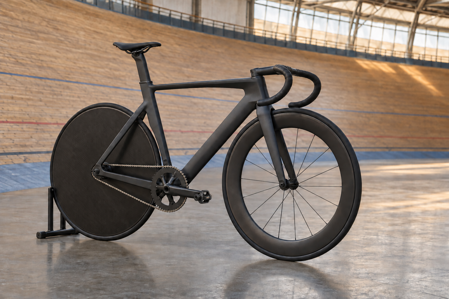Illustrative view of a contemporary track bicycle in a velodrome.