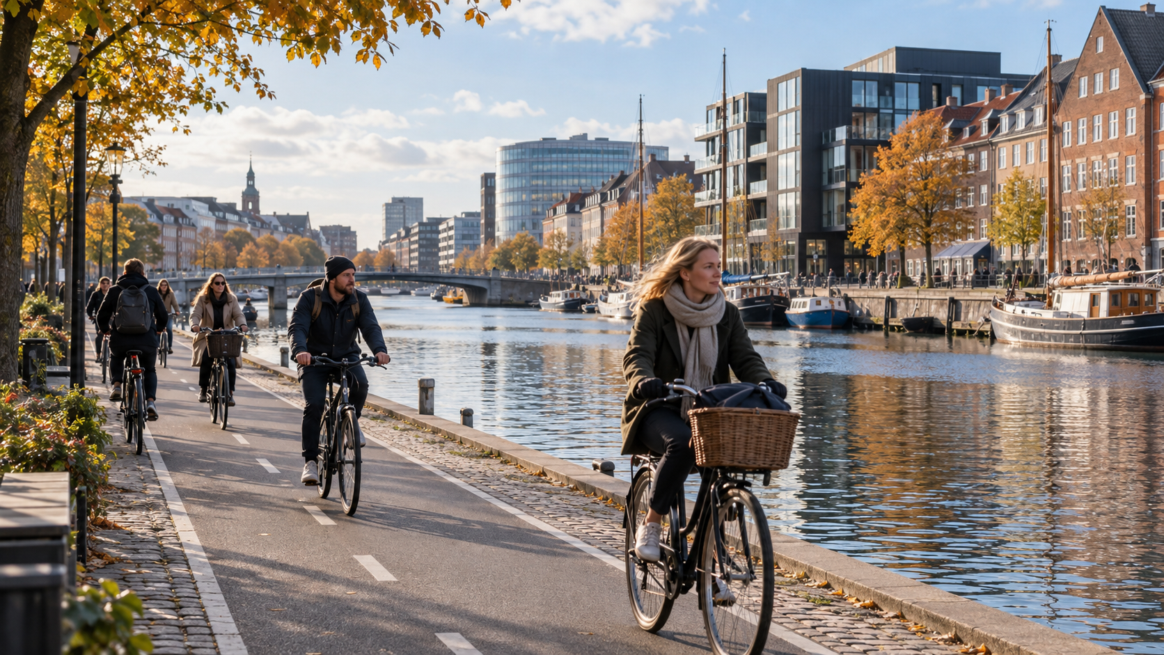 Cyclists riding beside a city canal