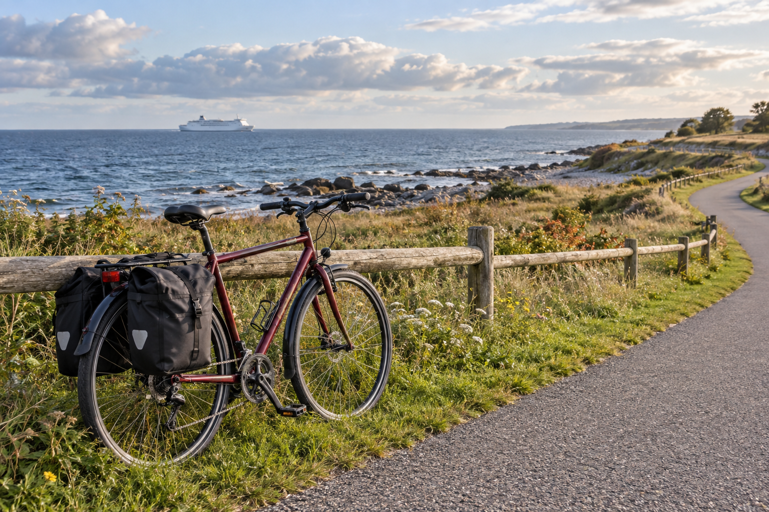 Illustrative touring bicycle beside a Baltic coastal path