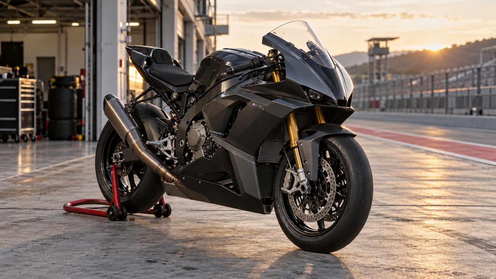 A racing motorcycle on a paddock stand beside a circuit pit lane