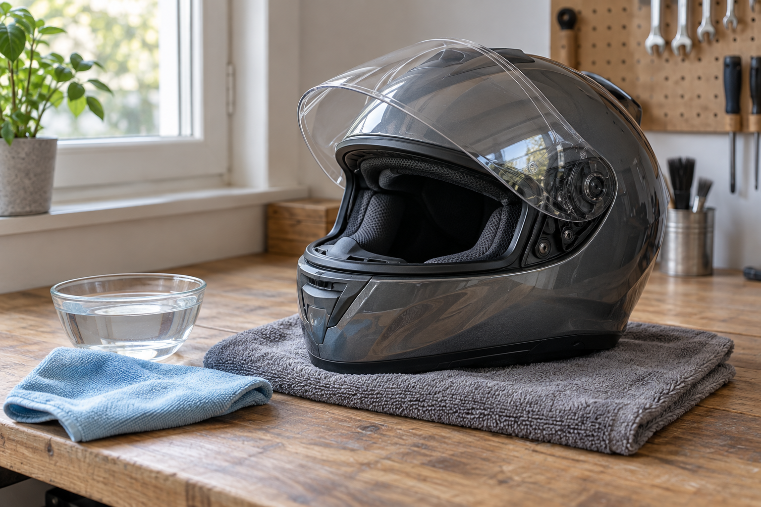 Motocikla ķivere, ūdens bļoda un mikrošķiedras drāna uz darba galda