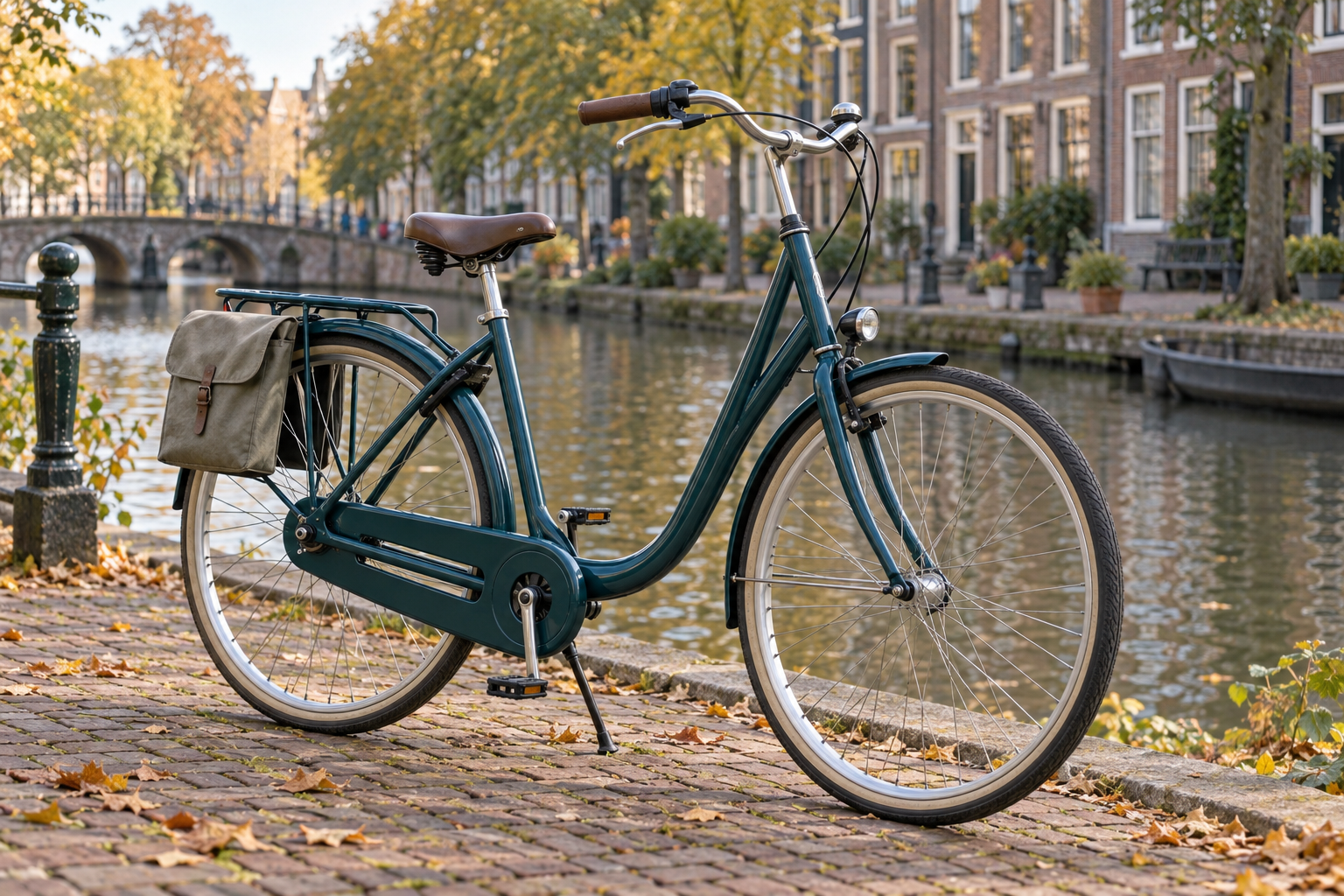 Pilsētas velosipēds ar zemu, atvērtu rāmi pie kanāla.