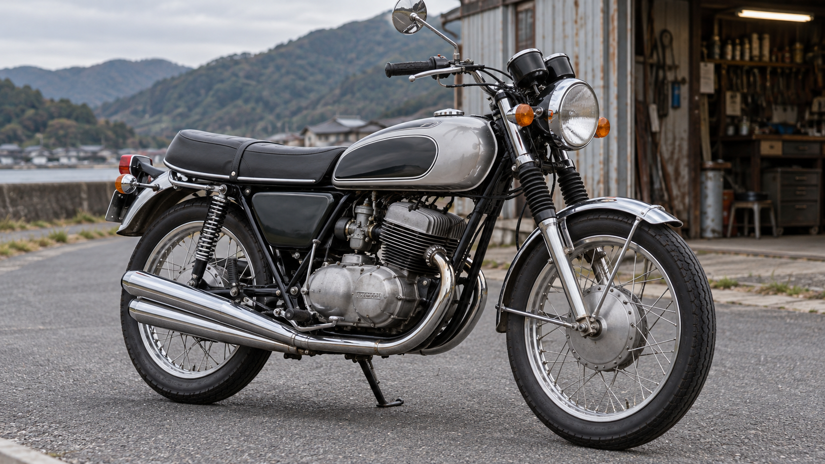 A 1970s-style twin-cylinder motorcycle parked beside a workshop