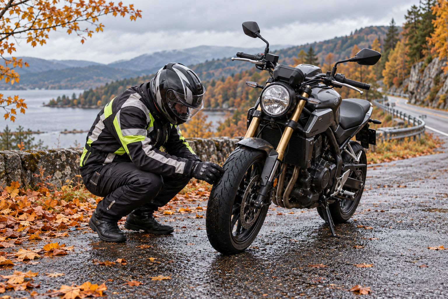 Motociklists rudens ceļmalā pārbauda priekšējo riepu