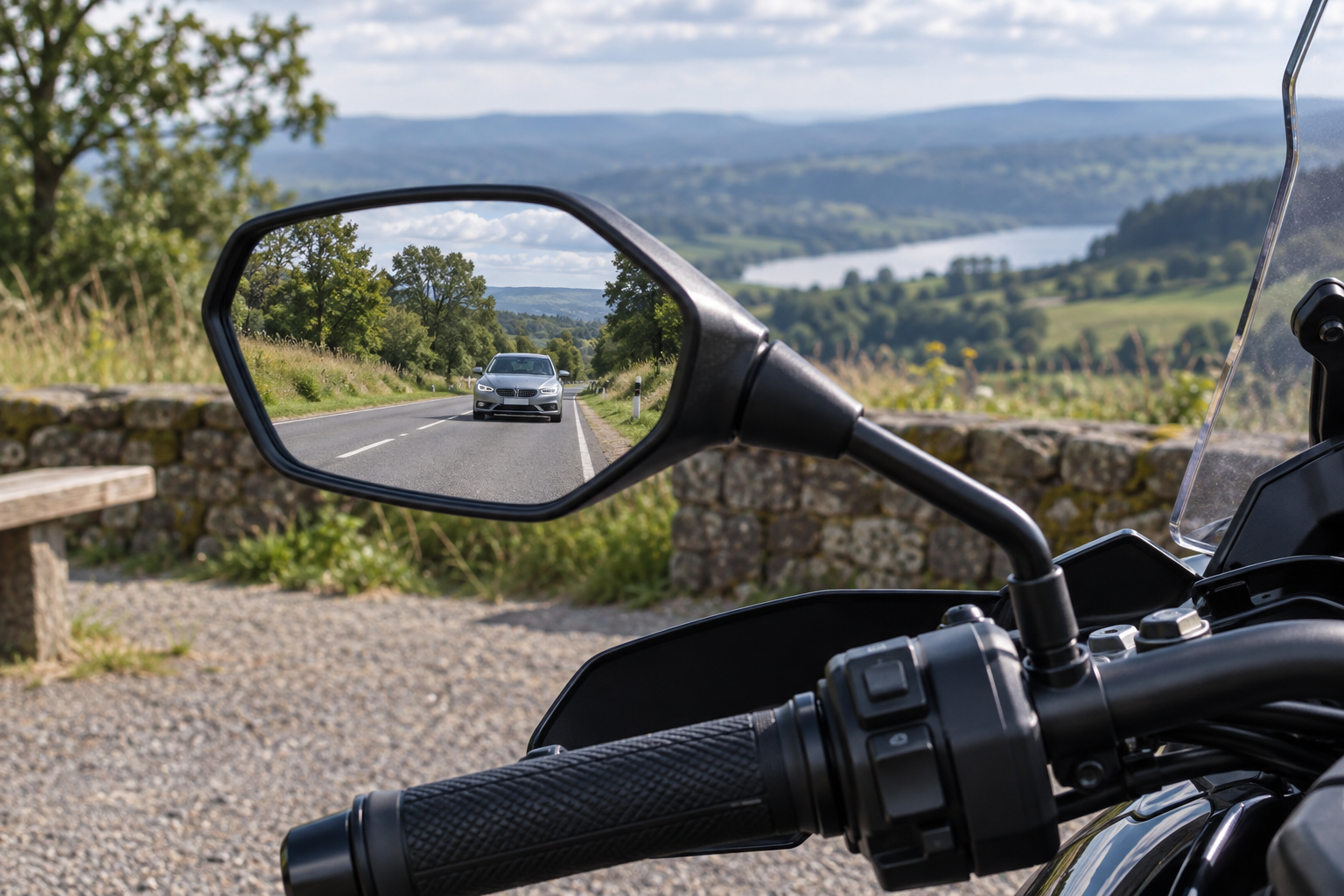 A motorcycle mirror reflecting a car on the road