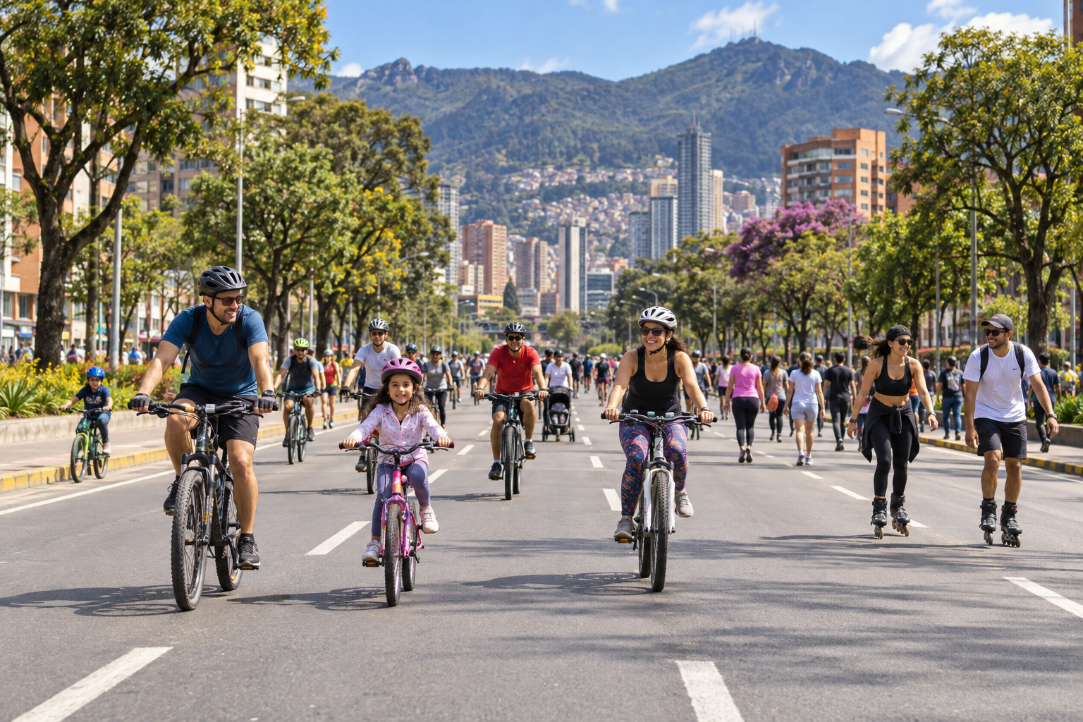 Cyclists, walkers and skaters share a broad city street
