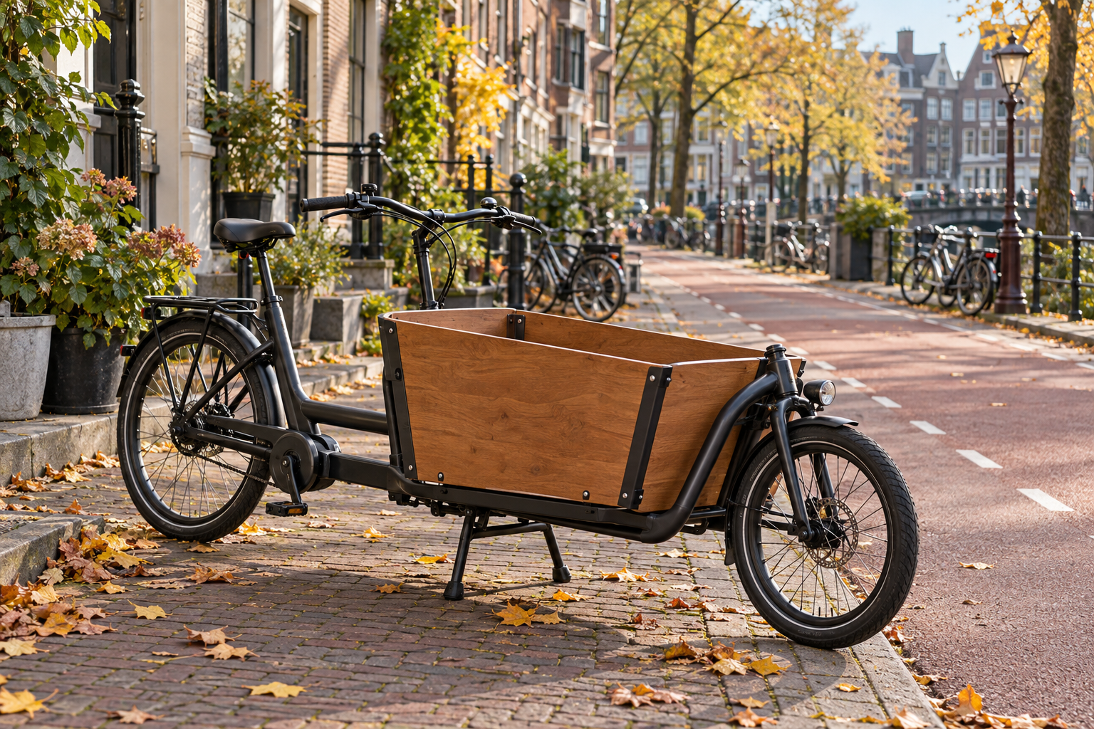 Front-loading cargo bicycle beside an urban cycle lane