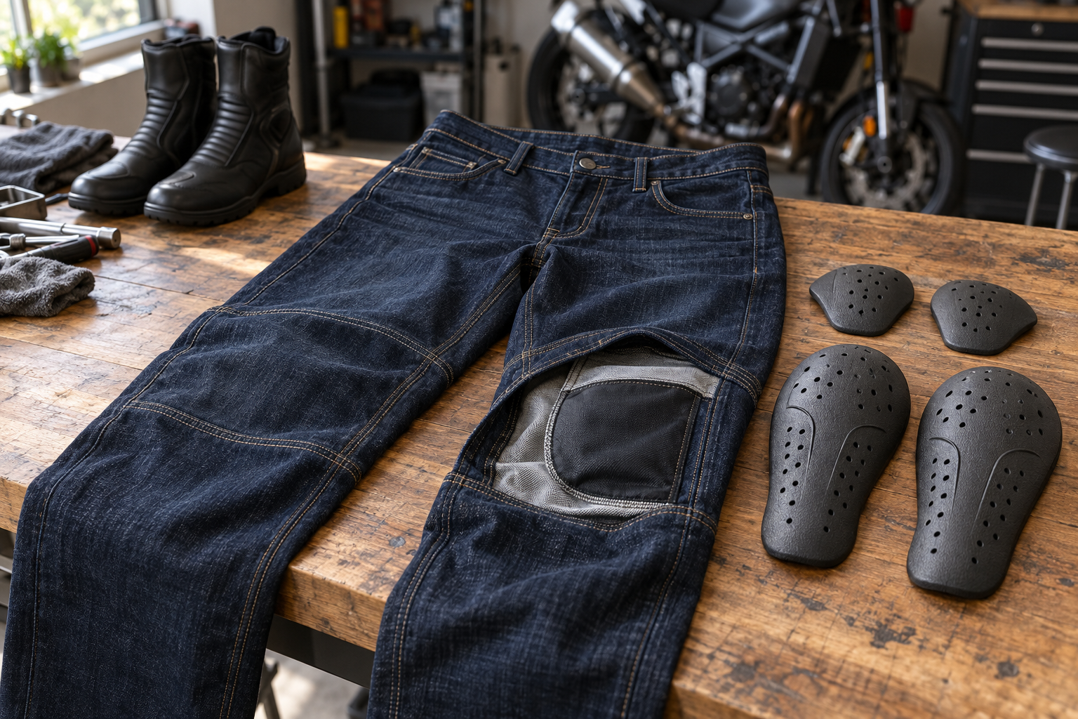 Illustrative arrangement of motorcycle jeans and removable armour