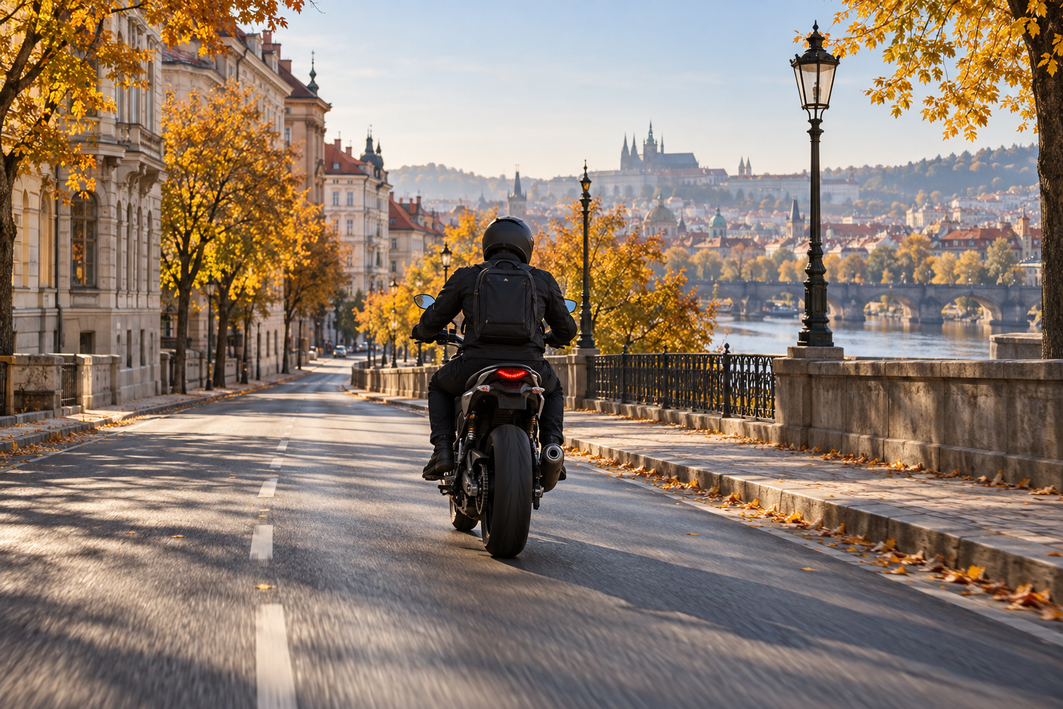 Motociklists ar neaptecētu ielas motociklu rudens pilsētā