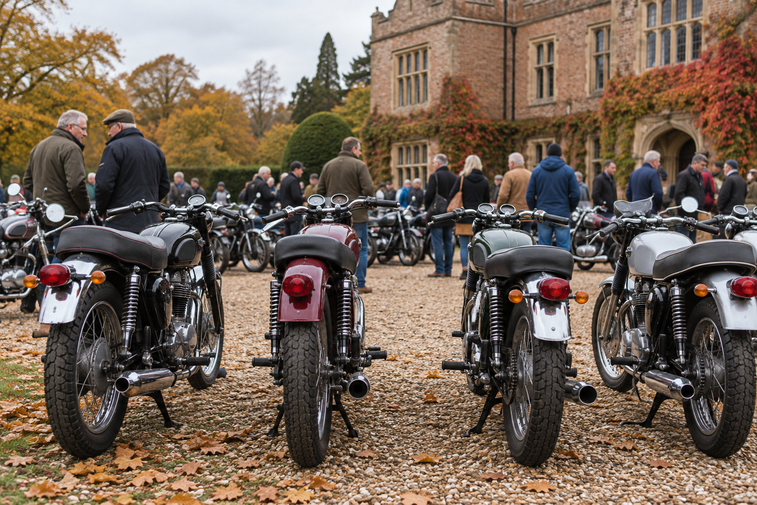 Classic motorcycles and visitors outside a brick building in autumn