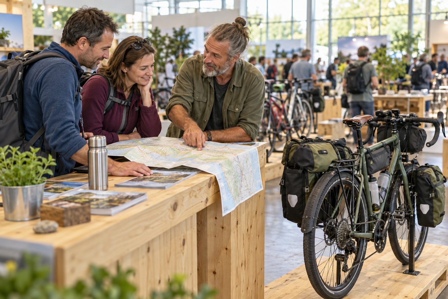 Travellers discuss a map beside a touring bicycle in an exhibition hall