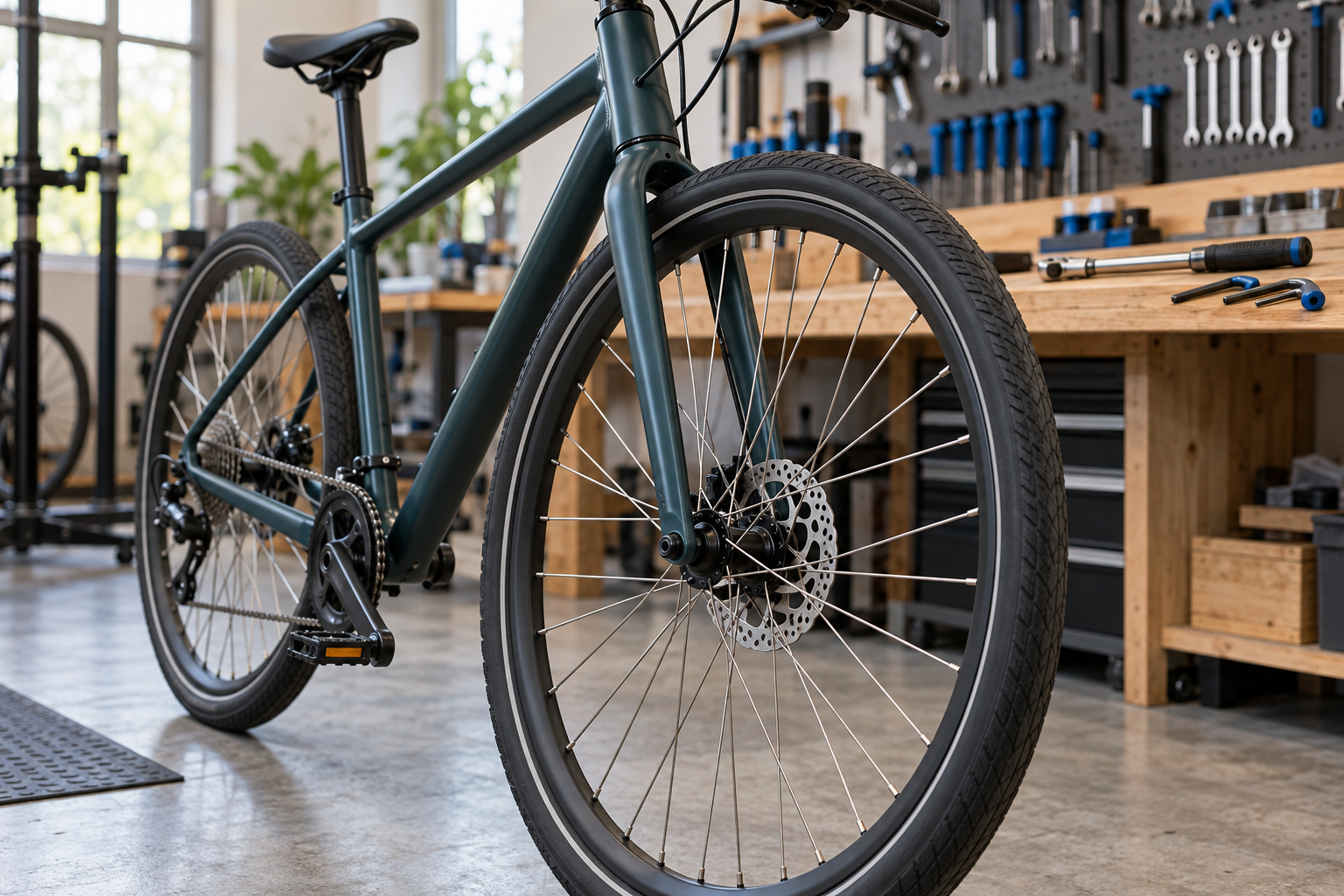 Illustrative workshop view of a bicycle front wheel and disc brake.