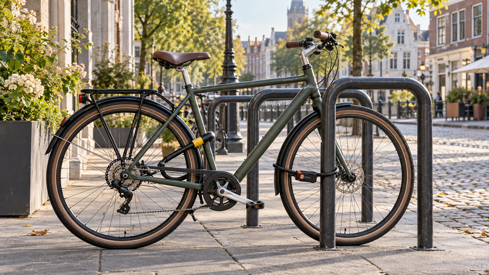 A bicycle parked at a city cycle stand with two locks
