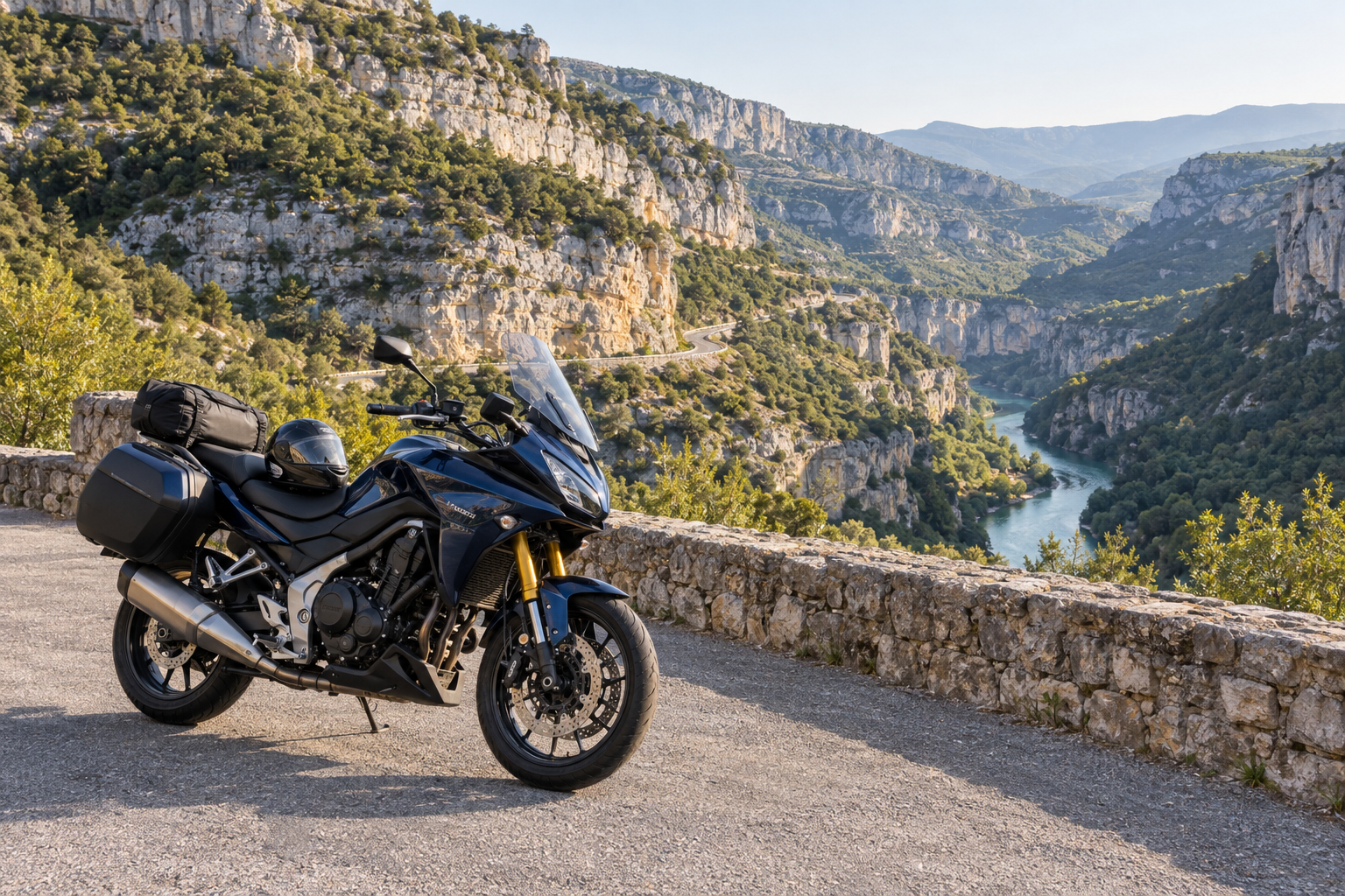 Tūrisma motocikls stāvlaukumā pie kaļķakmens aizas
