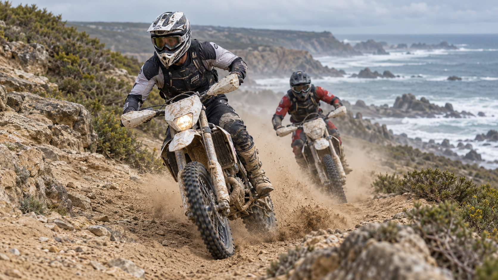 Divi enduro motociklisti brauc pa smilšainu piekrastes taku.