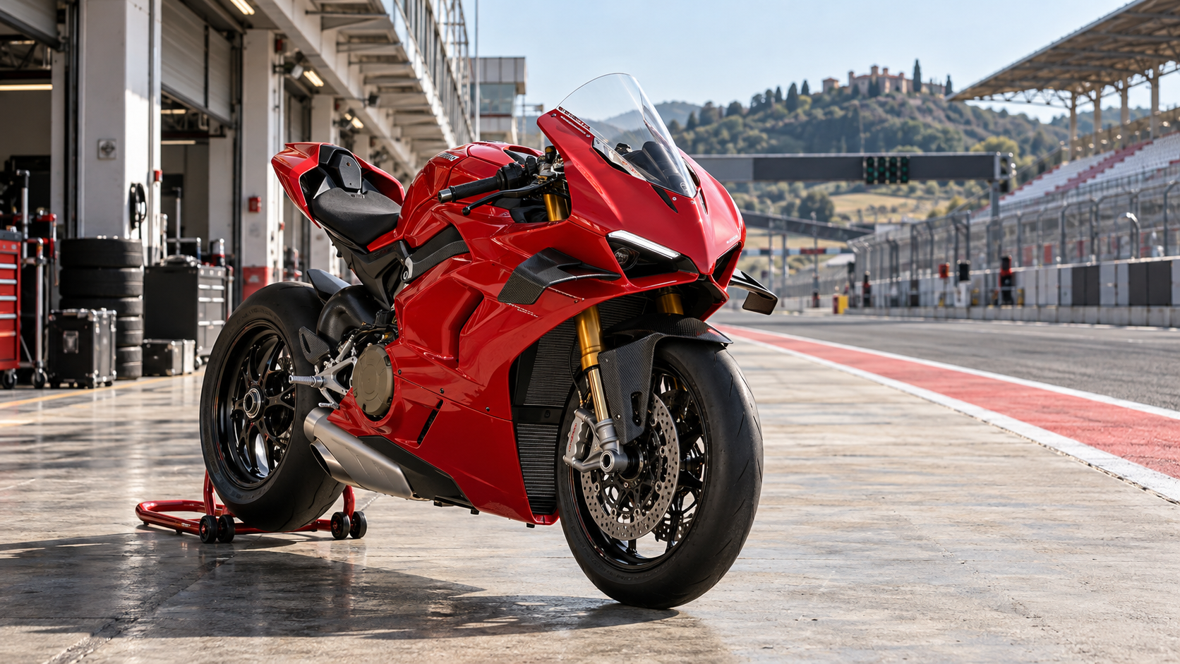 A red sport motorcycle in a race circuit pit lane