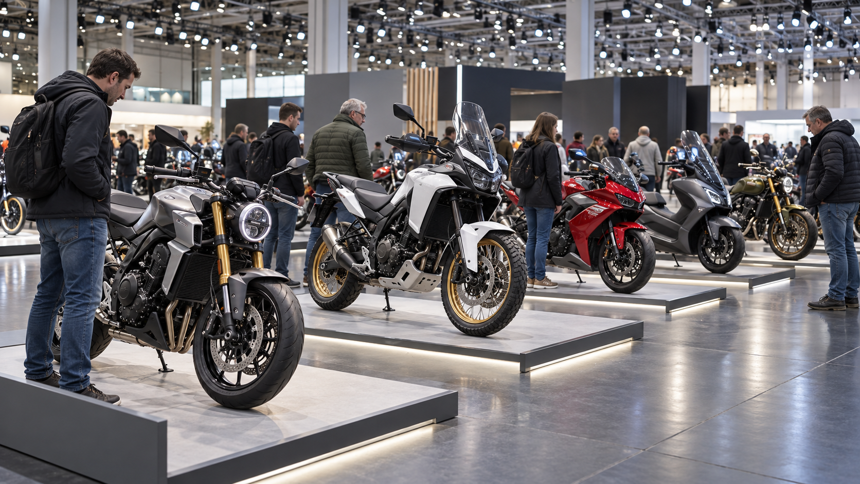 Visitors examining different motorcycles in an exhibition hall