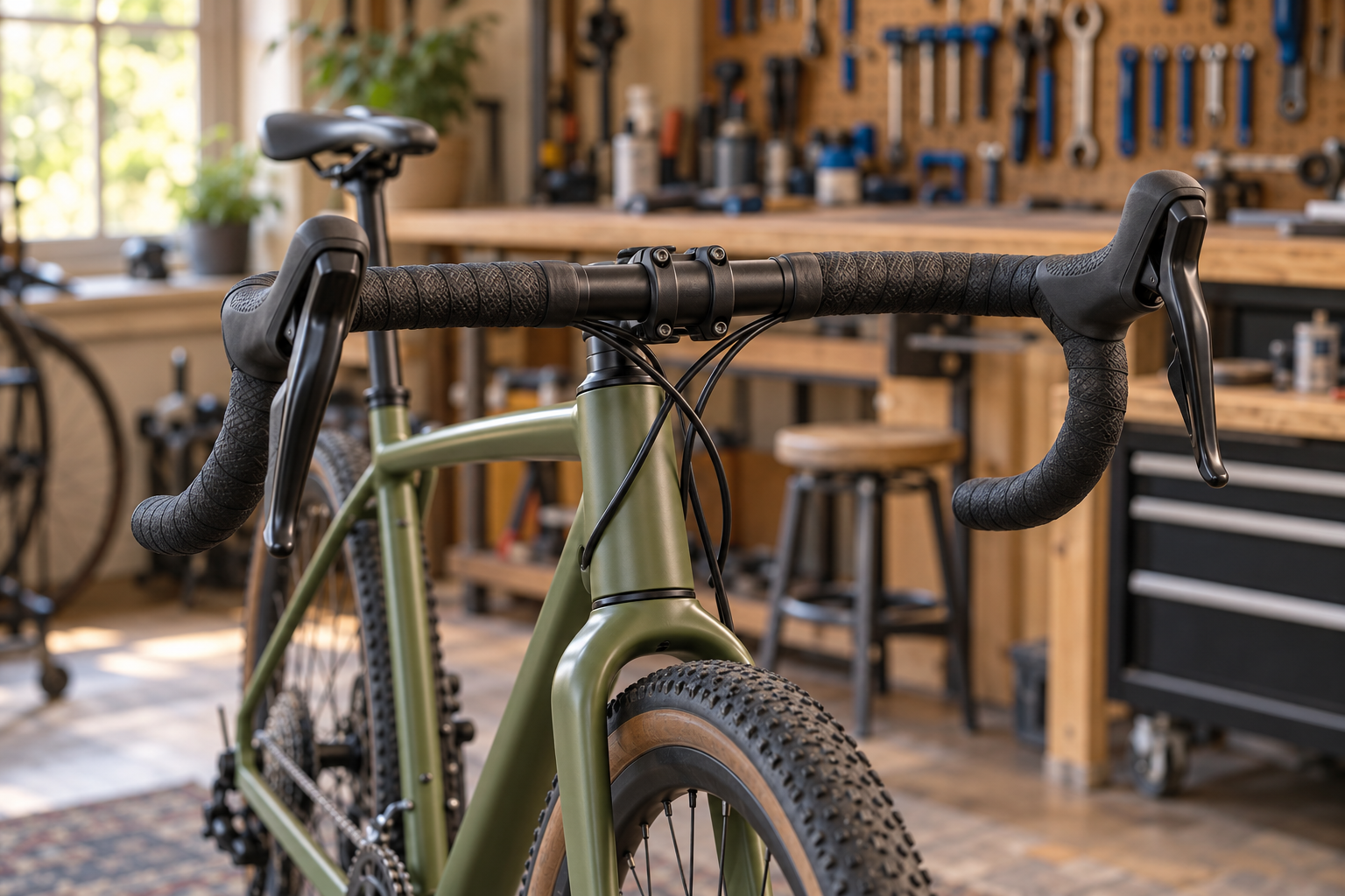 Illustrative image of a gravel bicycle drop handlebar in a workshop.