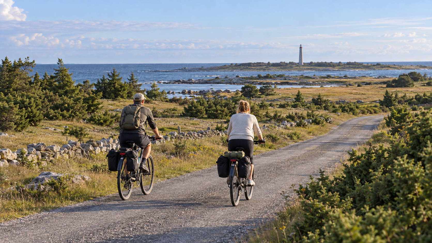 Two cyclists on a quiet coastal road with the sea and a lighthouse in the distance
