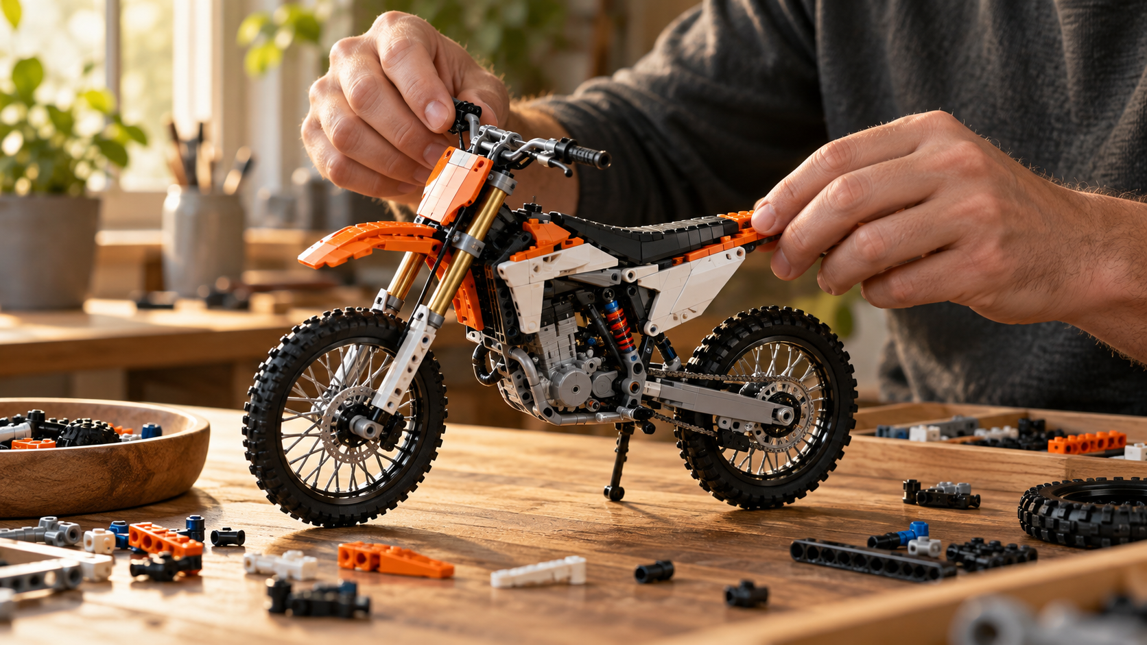 No konstruktora detaļām salikts motokrosa motocikla modelis uz darbagalda