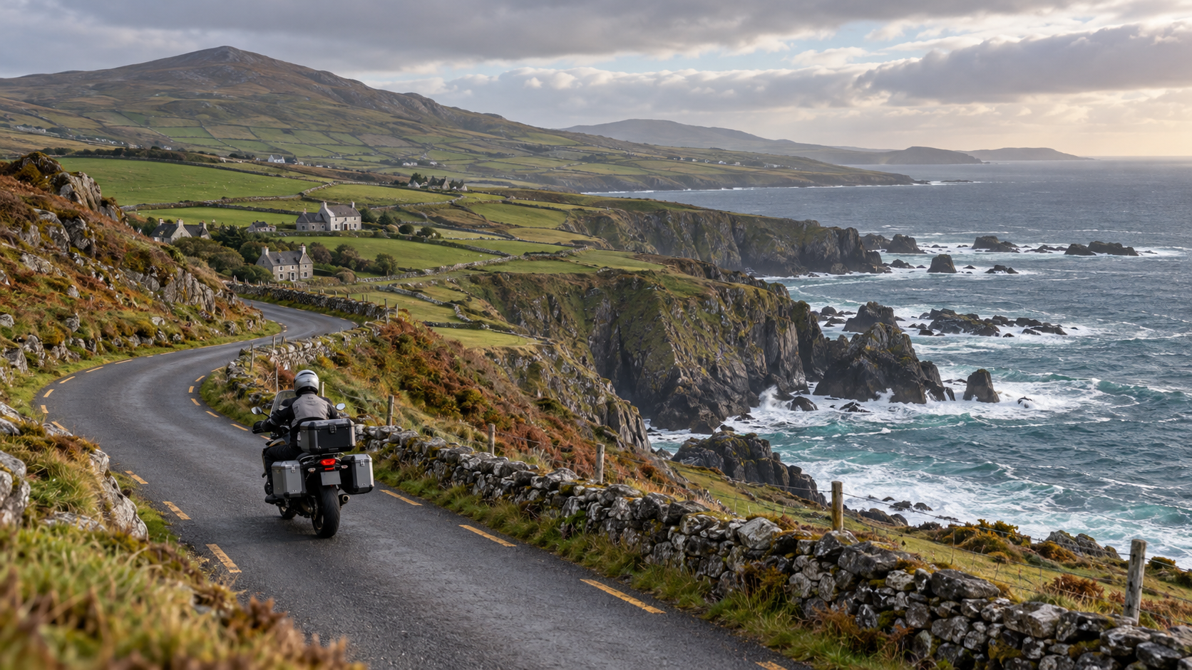 Мотоциклист едет по извилистой прибрежной дороге над Атлантическим океаном.