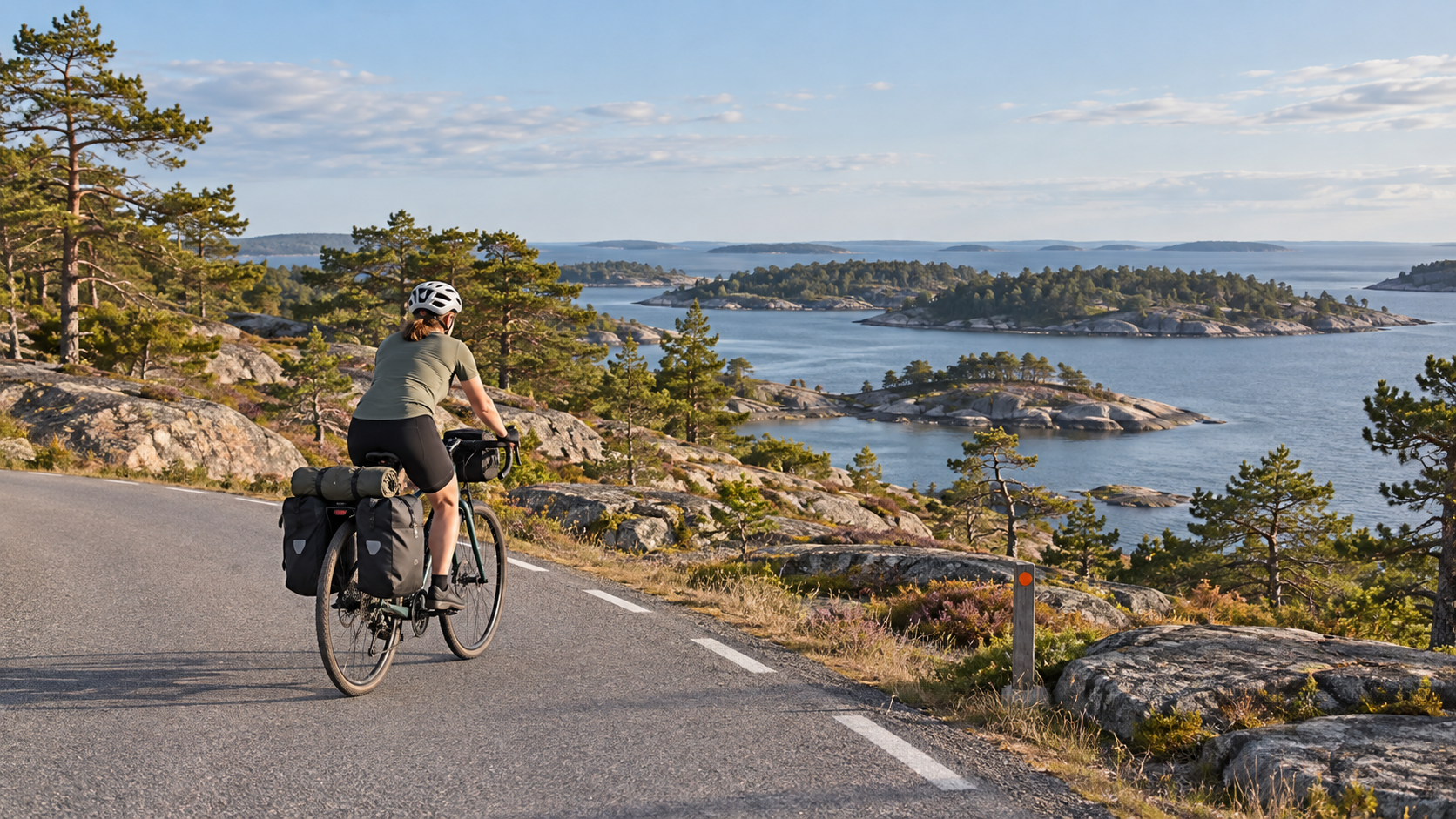 A cyclist on a coastal road among pines, rocks and water.