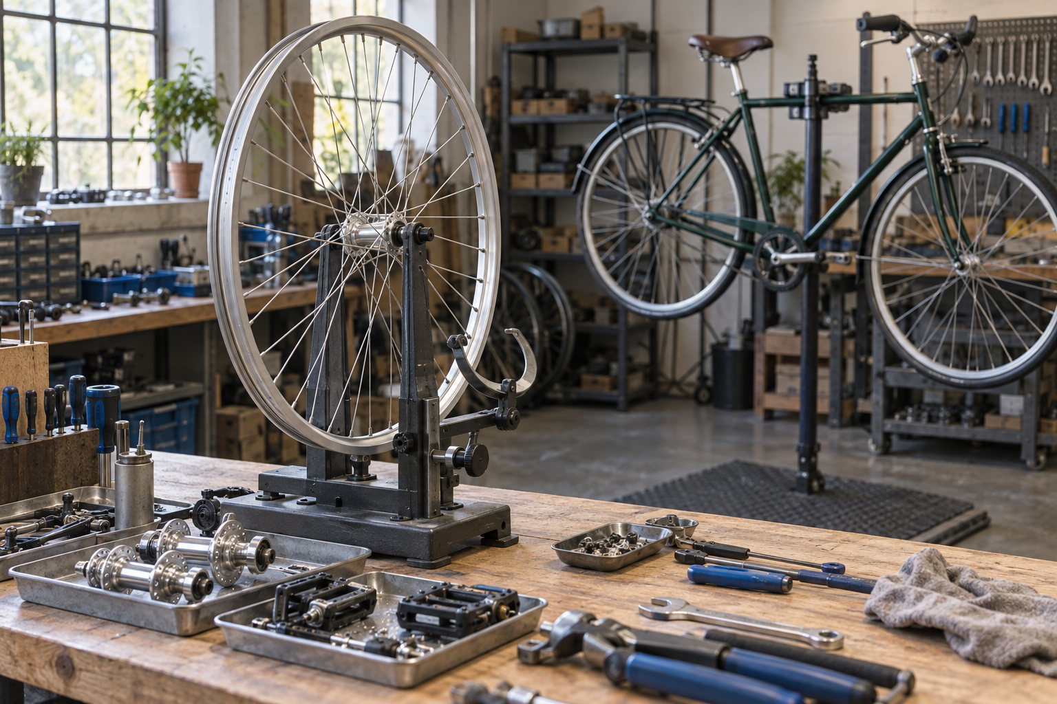 A bicycle wheel in a workshop truing stand