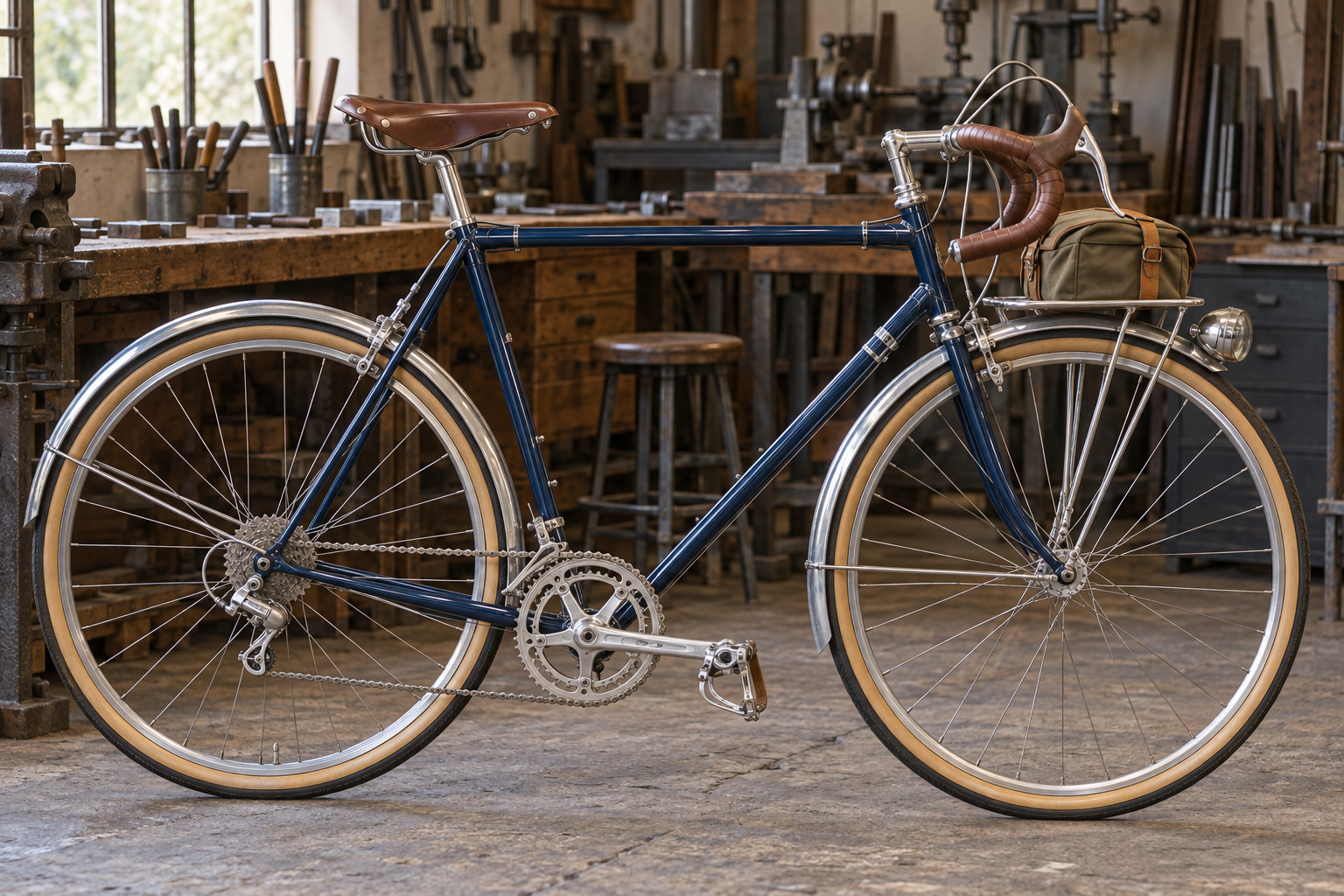 Illustrative workshop scene with a classic touring bicycle and metalworking tools.