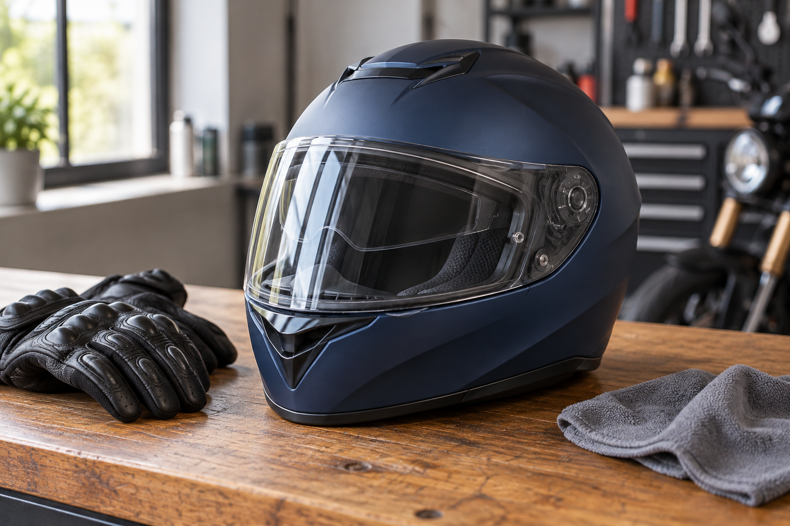 Illustrative full-face motorcycle helmet with a clear visor on a workbench.
