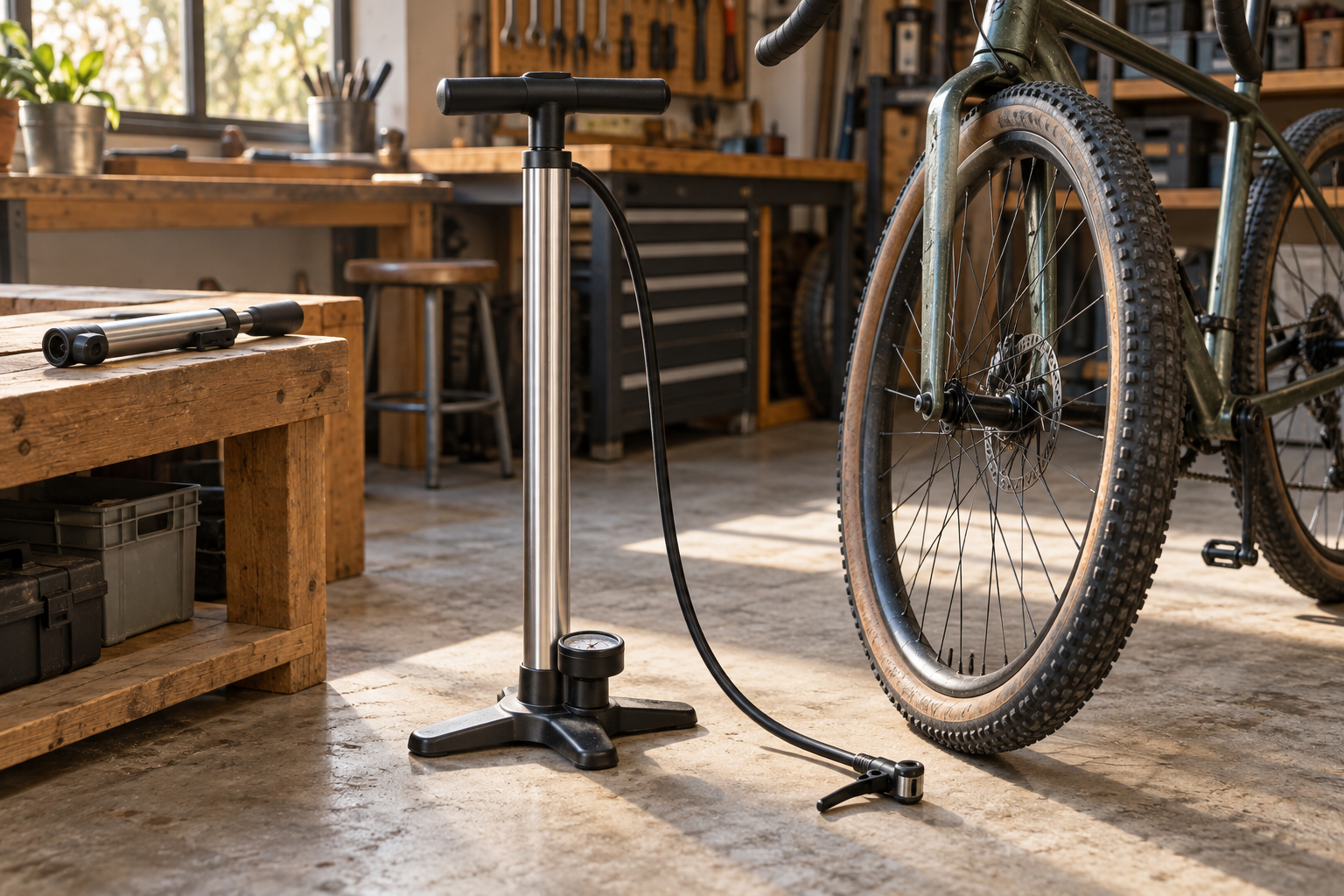 Floor pump beside a bicycle wheel and a compact hand pump