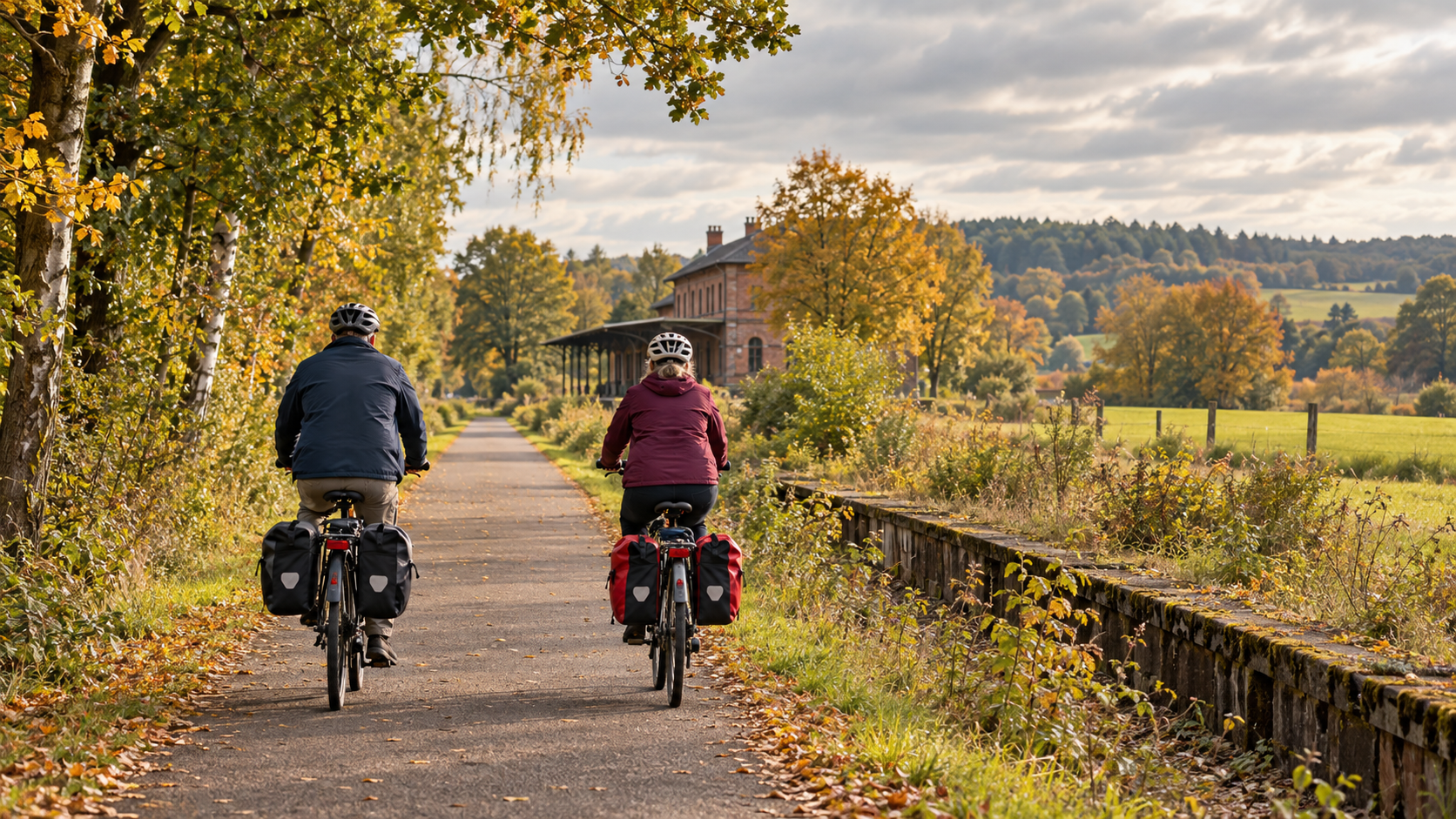 Cyclists on a former railway path in autumn