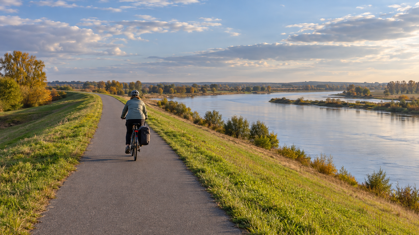 A cyclist on a paved path beside a broad river
