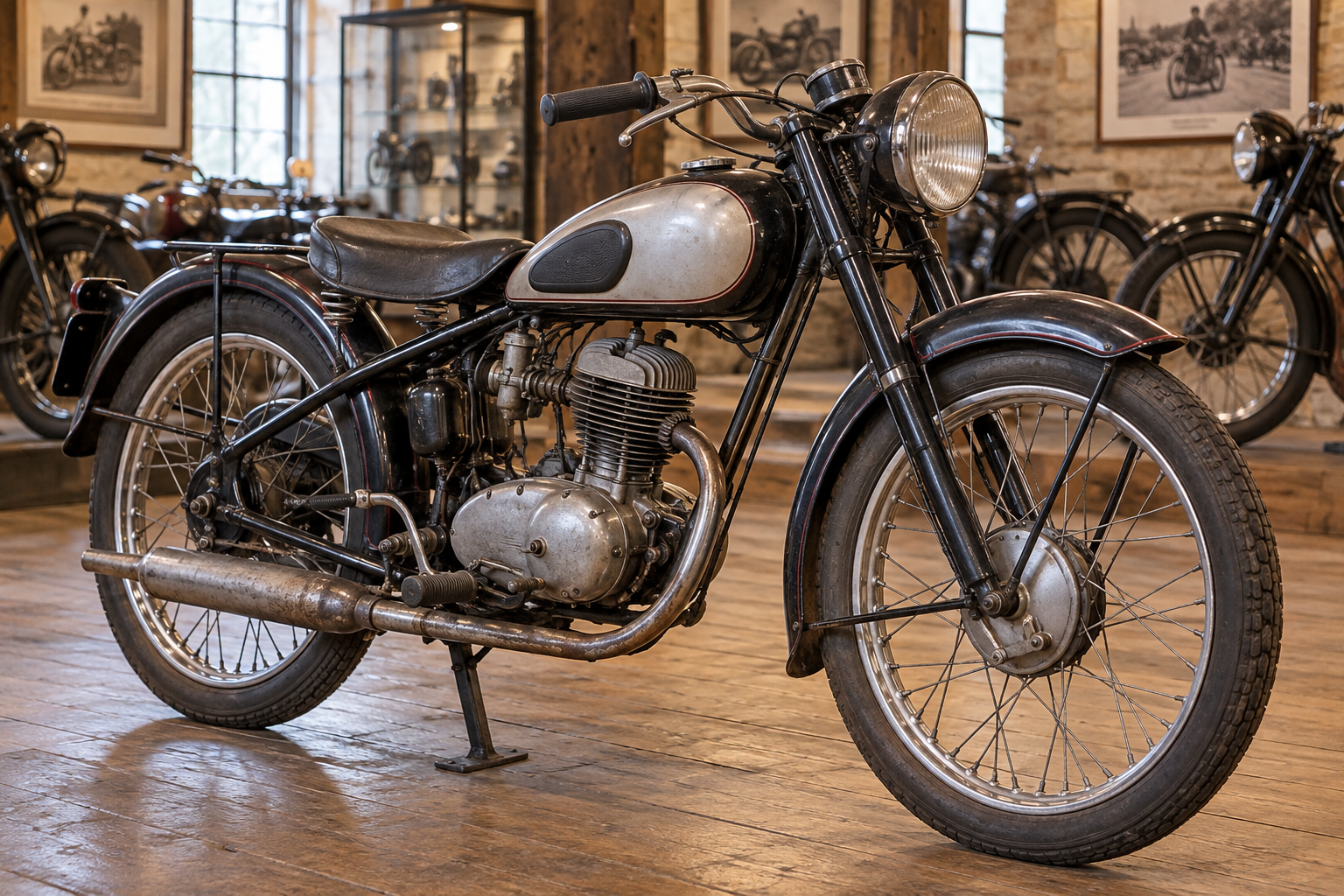 A classic lightweight motorcycle on display in a museum