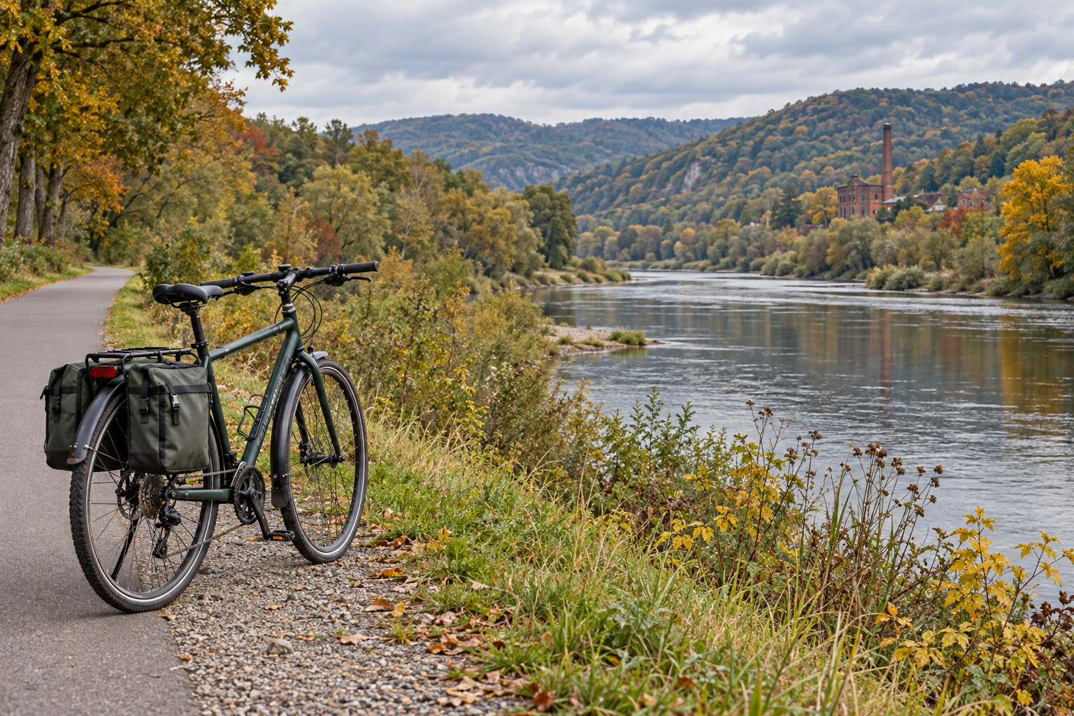 A touring bicycle beside a river in autumn — an illustrative image.